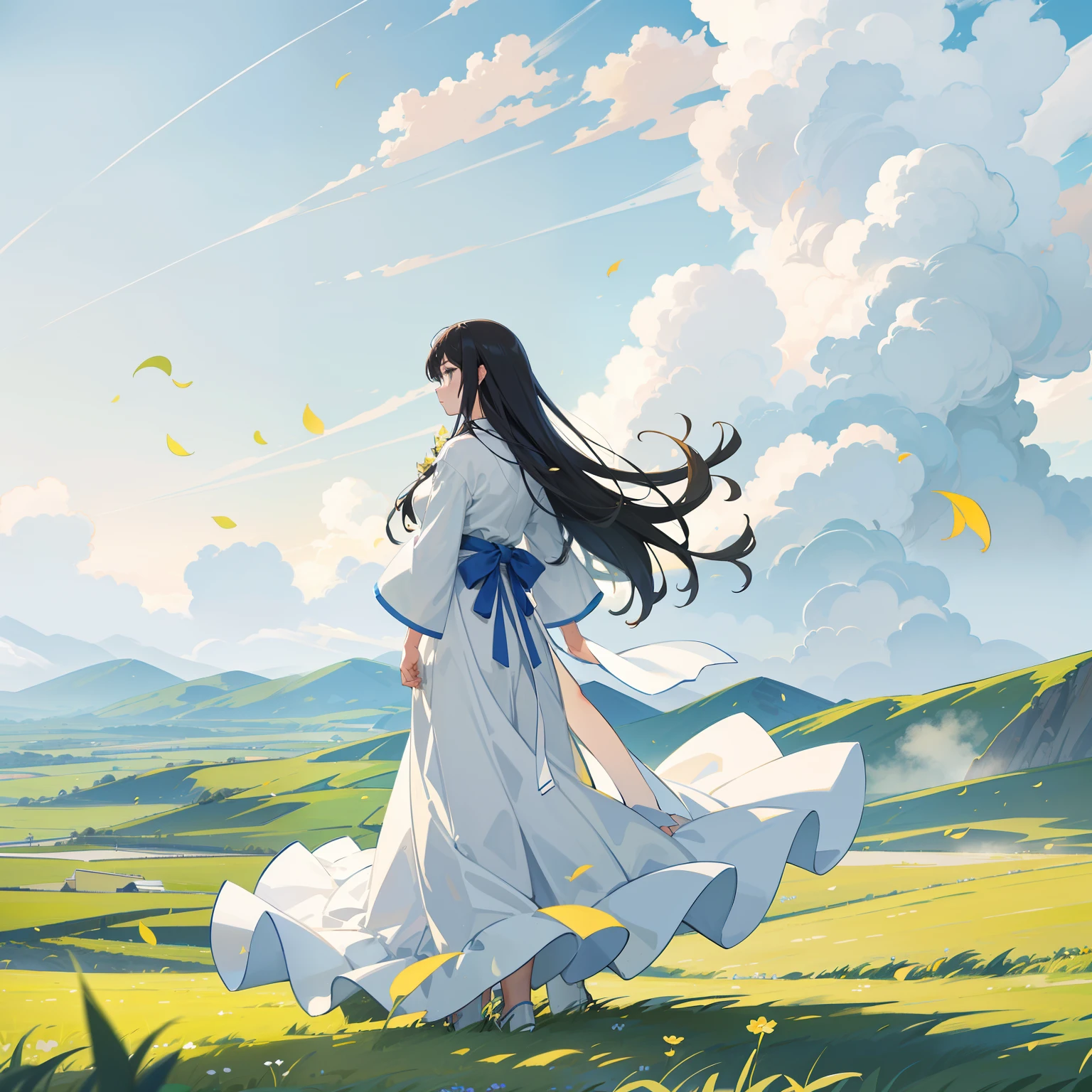 grass field、Girl Standing Alone、Rear view、Girl with long hair、profile、A little lonely look、Girl in a white dress、gazing into distance、evening glow、Wide sky、Madder sky、Flowing clouds、Windy appearance、Leaves fluttering in the steppe、