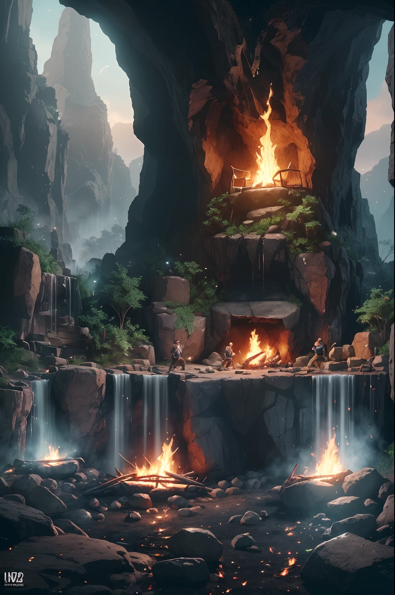 wide angle shot of early caveman civilisation, cavemen in community working together, eating, cooking, starting fire, a large number of cavemen in a society with different caves in the scene, bright sunlight shining, with iridescent light, highly detailed images, vibrant beautiful colours, hyperrealistic image, 32k, ultra HD, unreal engine rendered, cinematic lighting, artgerm style, --auto --s2