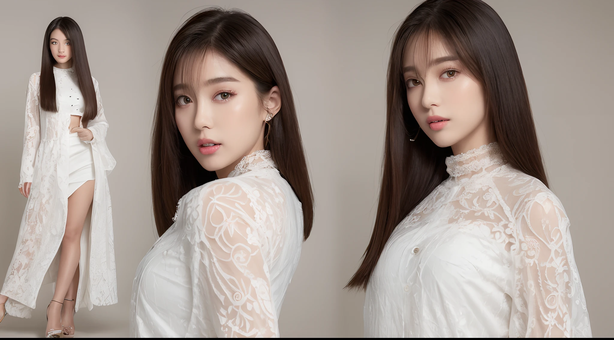 ((top-quality、8K、​masterpiece:1.3))Ultra High Image Quality1.3、SLR Quality、Full-size quality、Cute Beauty 1.4、Transcendent Beauty 1.4、Real Skin 1.3、Marble background、Full body depiction 1.3、女の子1人、Glamour beautiful woman:1.3、(Ironing、Long straightened hair 1.3、huge-breasted:1.4)、sexy facial expression、big eye、Long Sleeve White Lace High Neck Shirt:1.1、hyperdetailed face、ultradetailed eyes、super-detaild skin、Ultra detailed hands、Ultra-detailed fingertips on the face、Super detail beautiful legs、Super detailed beautiful hair、Ultra-detailed cloth、put one's hand over one's mouth、Korean Beauties、White lace skirt、piercings、beautiful and long legs、high-heels、Standing like a model、Walking、Stretching legs、 a beauty girl、The ultimate legline beauty、Behind the back of a beautiful woman、Beautiful woman beside her