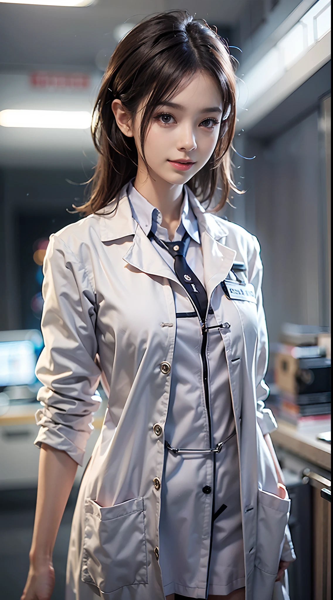 NSFW, 1womanl, 24 year old, (Well-formed face), (Ideal ratio body proportions), Examination room, The dim, (((long labcoat))), ((Emphasis on the buttocks)), (((Point your butt at the camera))), (Female doctor), White blouses, Black miniskirt, long , Smiling smile, de pele branca, A slender, Dark hair, short-hair, Skinny Legs, beauty legs, Small buttocks, Skinny Legs, surrealism, Cinematic lighting, depth of fields, One-person viewpoint, F/1.8, 135 mm, canon, nffsw, masutepiece, ccurate, Anatomically correct, Textured skin, Super Detail, high details, High quality, awardwinning, Best Quality, hight resolution, 1080p, 4K, 8K