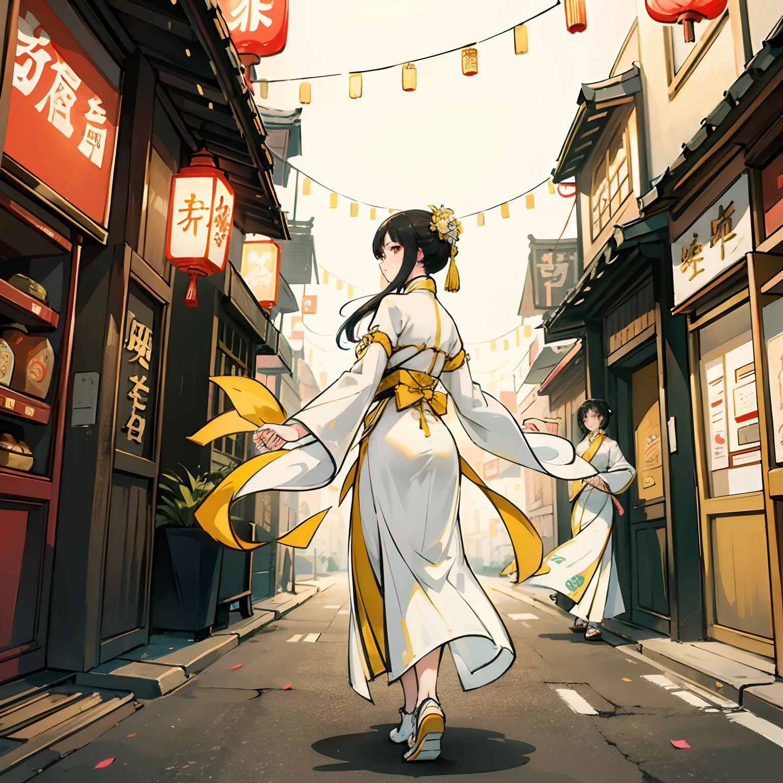An asian woman in hanfu dress, white and yellow color, walking in a street of ancient chinese market --auto