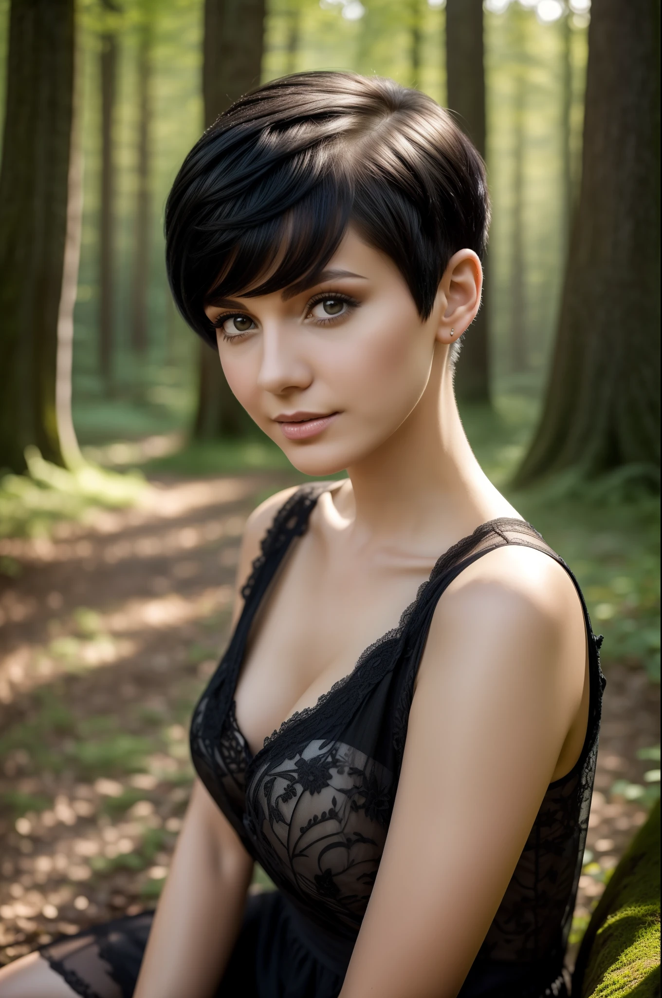 best image quality, masterpiece, very high resolution, (fidelity: 1.4), photo, 1 girl, daytime, forest glade, best quality, 8k, masterpiece: 1.3, ultra-realistic, sitting on a bench posing for a photo, leaning towards cams, fairy shape short black hair, Anastasia ovchinnikova, black short hair, pixie cut short black hair, with short hair, Olga Buzova, short black hair, alina ivanchenko, short dark haircut, fairy haircut, fairy haircut, Julia Gorokhova , short dark hair, Masterpiece, (short black hair), outdoors, best quality, very high resolution, raw photo, diffused sunlight,
