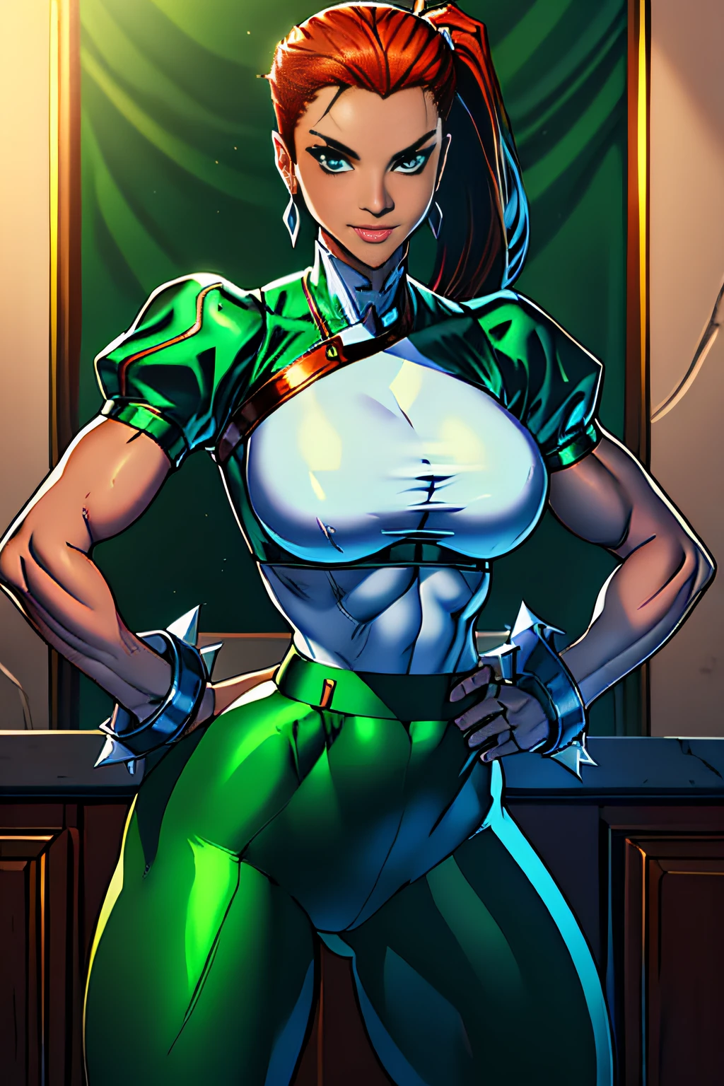 1 Characters from Alafe's fighting game、Big breasts about to burst、thin and long legs,、Redhead blue eyes、Pony tail、Fitness Model、musculature、abdominals、Metallic Green Jacket、Long pants in metallic white、a belt、Five-fingered、Class Chapters、decoration、glistning skin、Cool smile、Pose ready to fight