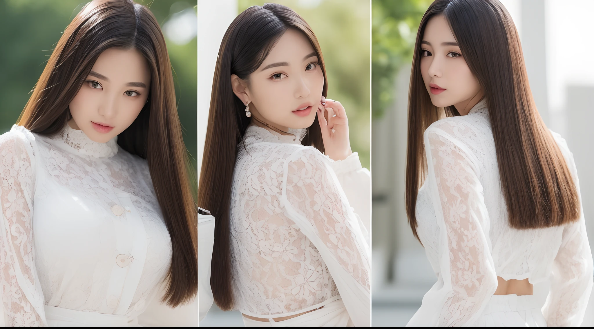 ((top-quality、8K、​masterpiece:1.3))Ultra High Image Quality1.3、SLR Quality、Full-size quality、Cute Beauty 1.4、Transcendent Beauty 1.4、Real Skin 1.3、Marble background、Full body depiction 1.3、1人、Glamour beautiful woman:1.3、(ironing、Long straight hair 1.3、huge-breasted:1.4)、sexy facial expression、big eye、Long Sleeve White Lace High Neck Shirt:1.1、hyperdetailed face、ultradetailed eyes、super-detaild skin、Ultra detailed hands、Ultra-detailed fingertips on the face、Super detail beautiful legs、Super detailed beautiful hair、Ultra-detailed cloth、put one's hand over one's mouth、Korean Beauties、White lace skirt、piercings、beautiful and long legs、high-heels、Standing like a model、Walking、Stretching legs、 a beauty girl、The ultimate legline beauty、Behind the back of a beautiful woman、Beautiful woman beside her、Photos from the front、Photo from the side、picture from behind