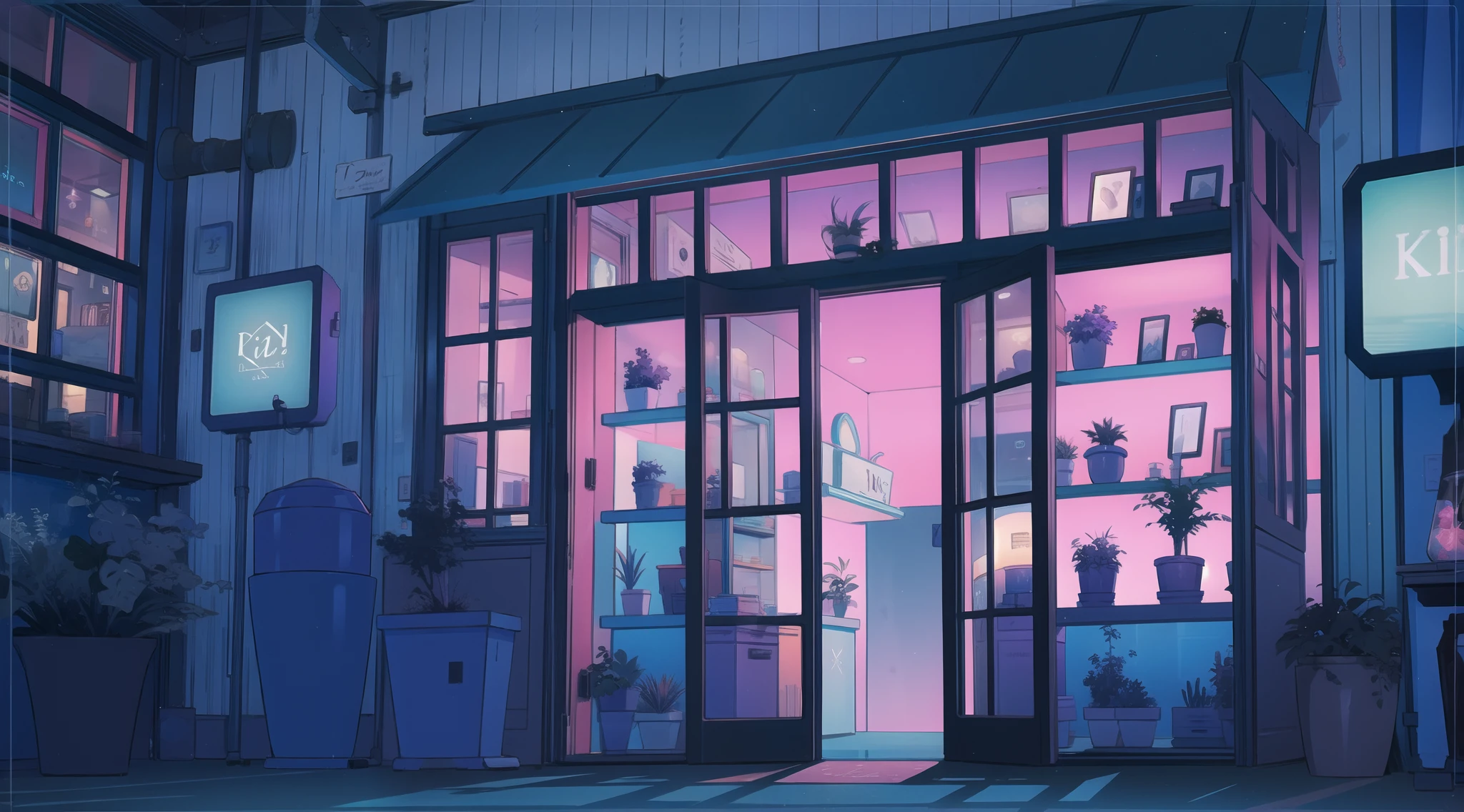 Plant shop, blue and purple, night