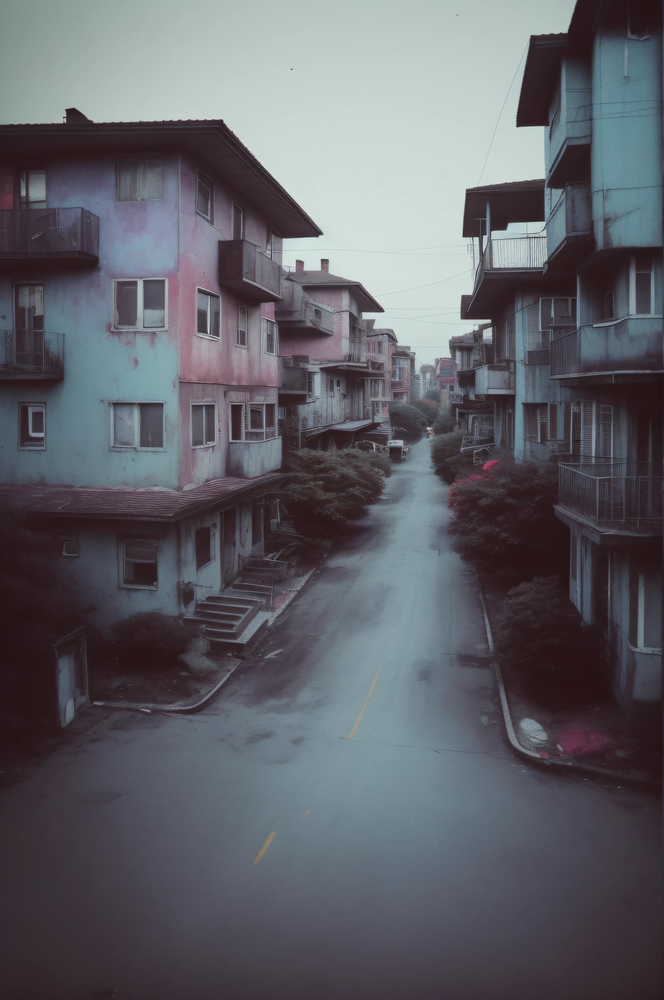 Nostalgic but unsettling photos、Images in a dream、uneasy、Residential area、unmanned、There are no people、Particle、Grainy photo、Film Touch、color photograph、colourfull、horor、wide angles、wide-angle lens、
