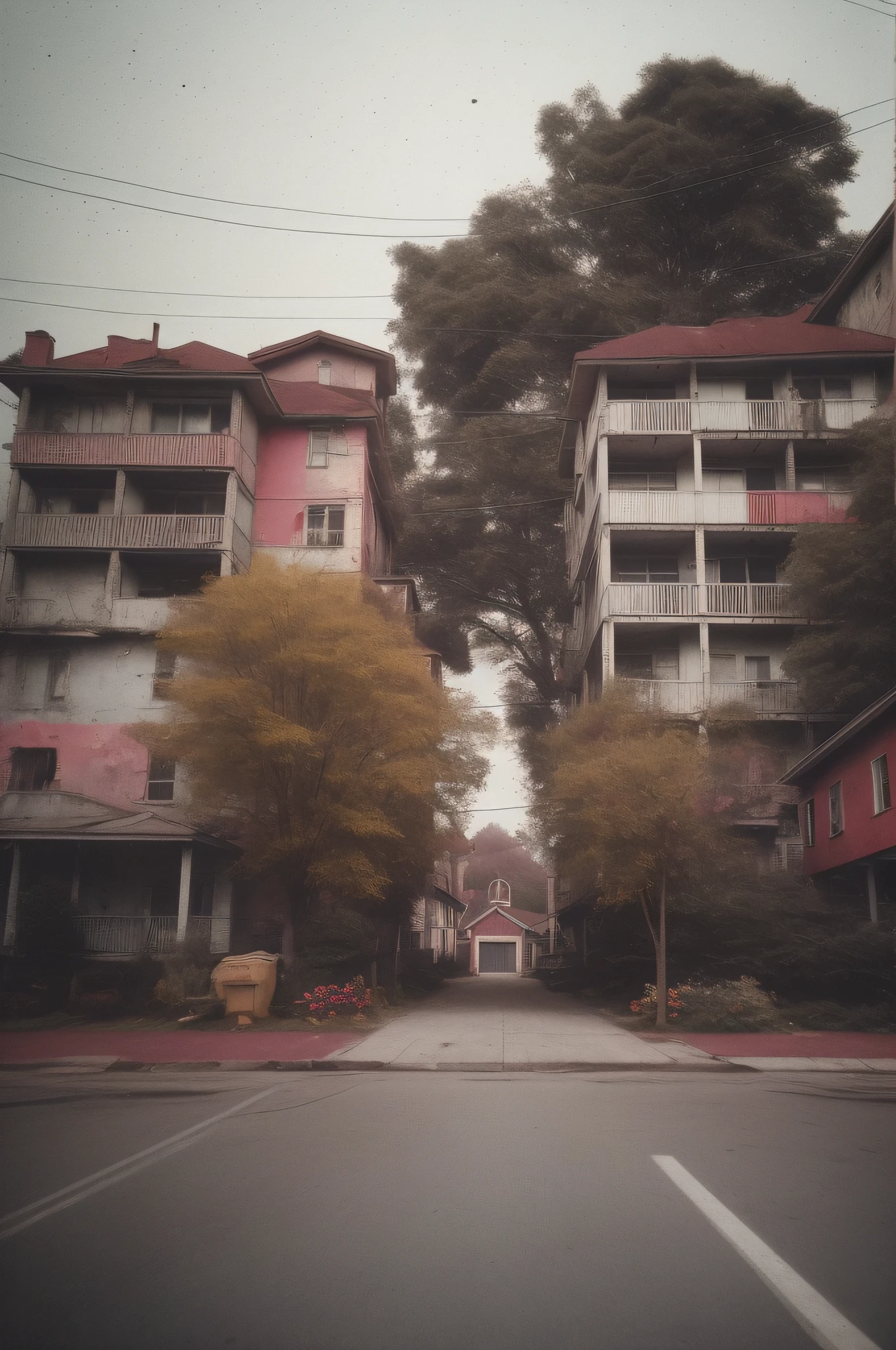 Nostalgic but unsettling photos、Images in a dream、uneasy、Residential area、unmanned、There are no people、Particle、Grainy photo、Film Touch、color photograph、colourfull、horor、wide angles、wide-angle lens、
