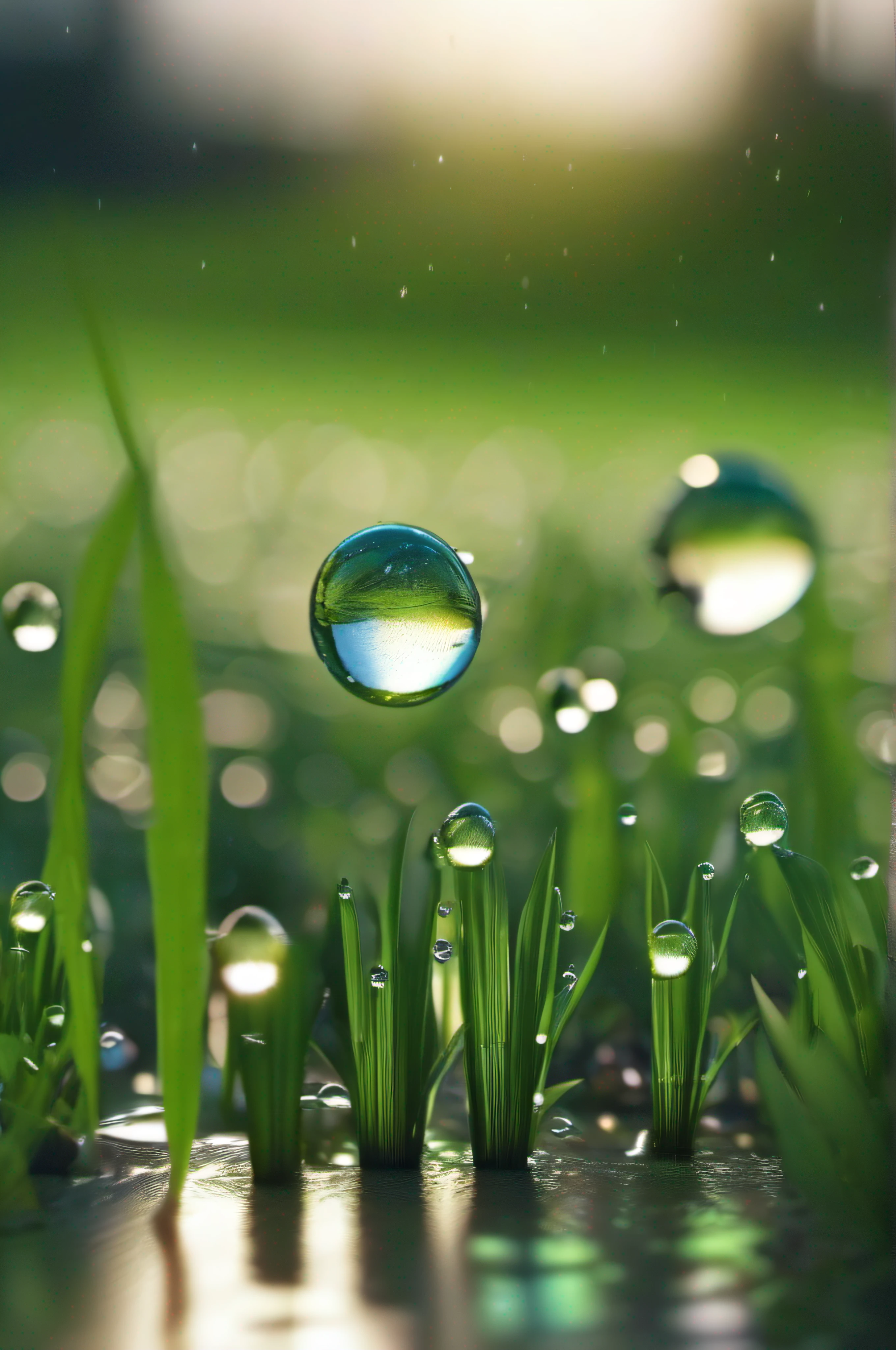 drops of dew on fine blades of green grass, reflections of sunlight on the drops, very cloudy sky, close up, 8k ultra realistic detailed render, 3d render, product, cinematic,