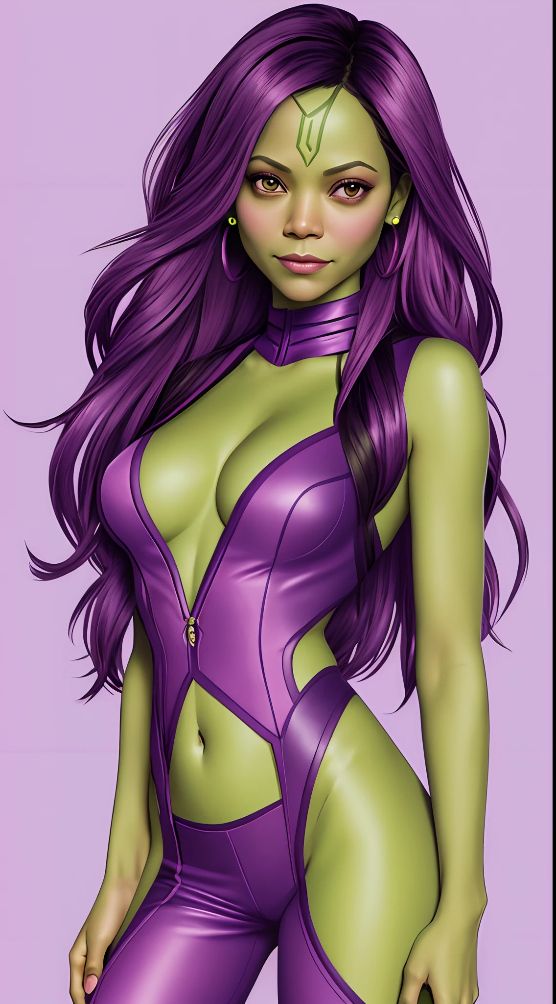 cute zoe saldana,lady gamora,green skin,half body shot,minimalistic,line art, vector, svg, coloring book, coloring book page style, purple outline on pink