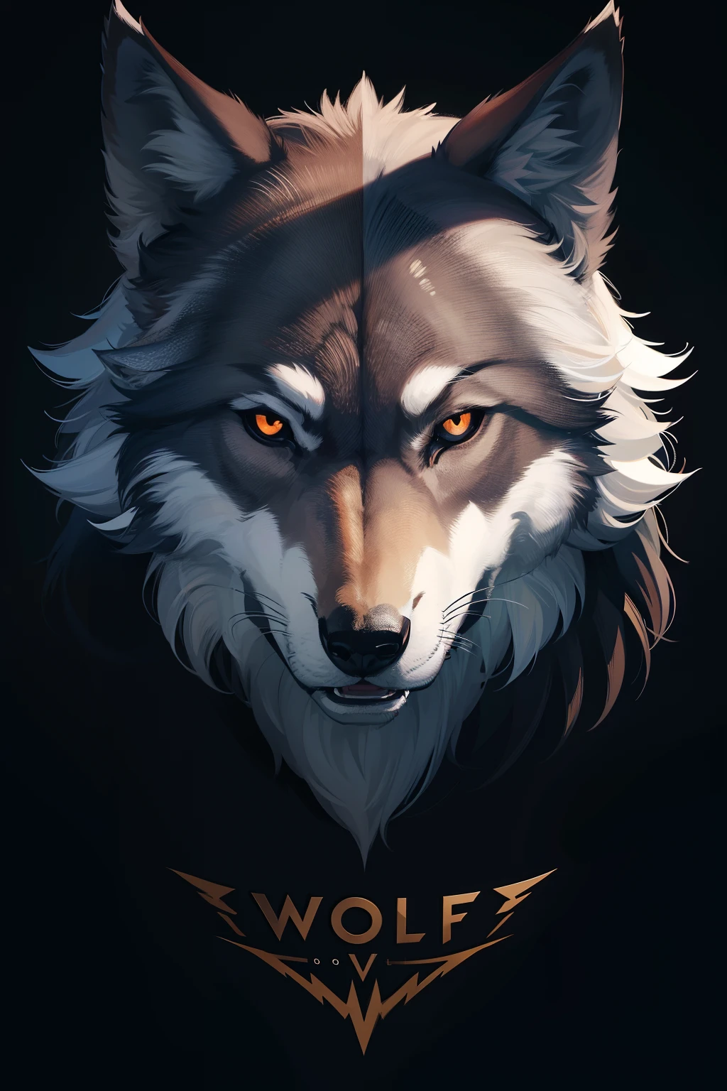 graphic for t-shirt design, clean logo, vector image, closeup of wolf, scary wolf, hunting, light,  wireframe background