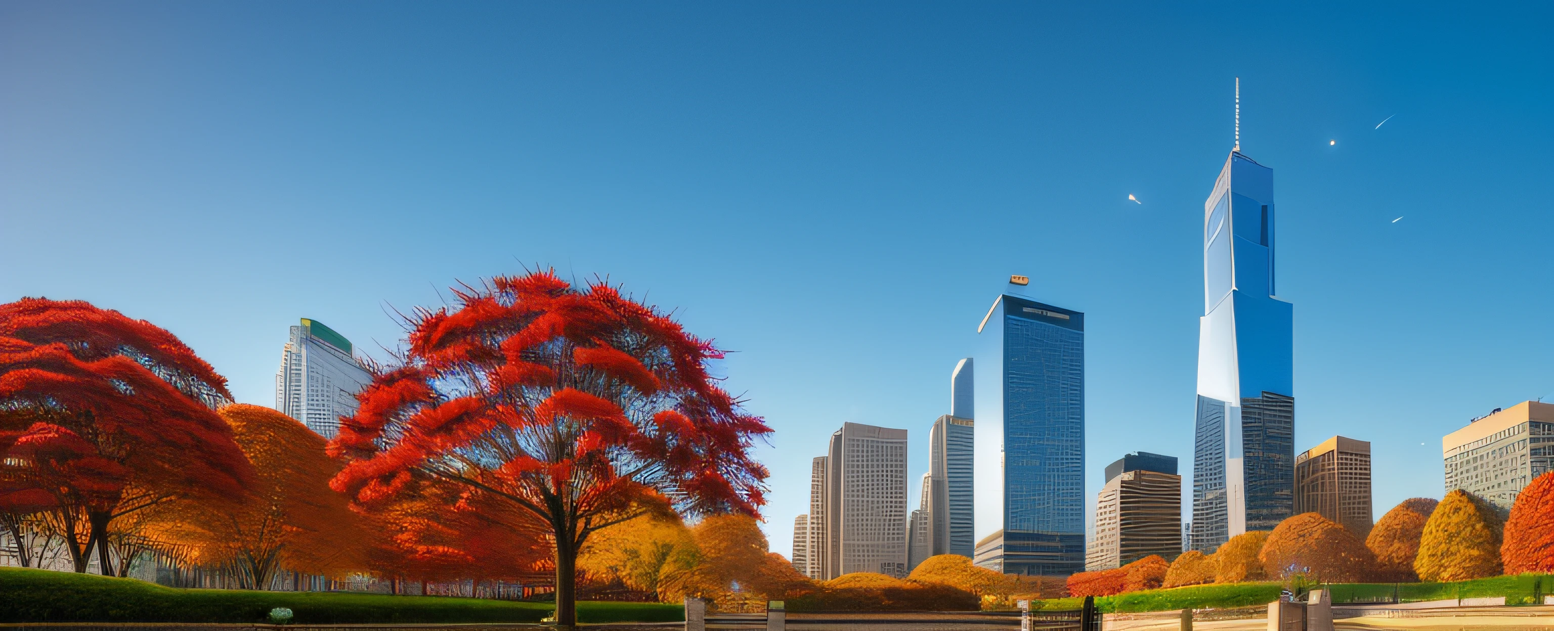 Scenery , Skyscrapers , Garden , Flowers , Lycoris Radiata , Red Spider Lily , Lycoris ,, Wind , Blue sky , Evening , Sun , floating leaves, autumn . shooting stars in the sky