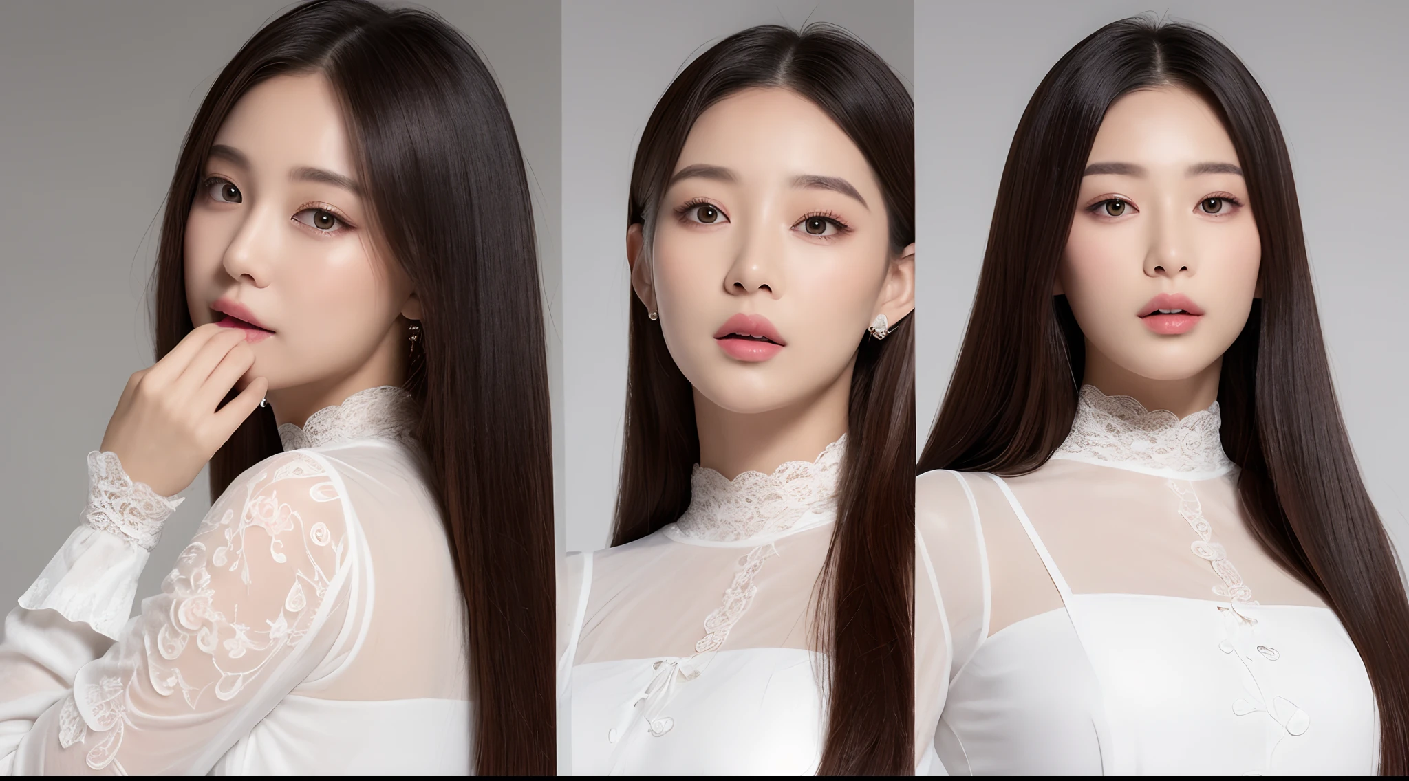 ((top-quality、8K、​masterpiece:1.3))Ultra High Image Quality1.3、SLR Quality、Full-size quality、Cute Beauty 1.4、Transcendent Beauty 1.4、Real Skin 1.3、Marble background、Full body depiction 1.3、女の子1人、Glamour beautiful woman:1.3、(ironing、Long straight hair 1.3、huge-breasted:1.4)、sexy facial expression、big eye、Long Sleeve White Lace High Neck Shirt:1.1、hyperdetailed face、ultradetailed eyes、super-detaild skin、Ultra detailed hands、Ultra-detailed fingertips on the face、Super detail beautiful legs、Super detailed beautiful hair、Ultra-detailed cloth、put one's hand over one's mouth、Korean Beauties、White lace skirt、piercings、beautiful and long legs、high-heels、Standing like a model、Walking、Stretching legs、 a beauty girl、The ultimate legline beauty、Behind the back of a beautiful woman、Beautiful woman beside her、Photos from the front、Photo from the side、picture from behind