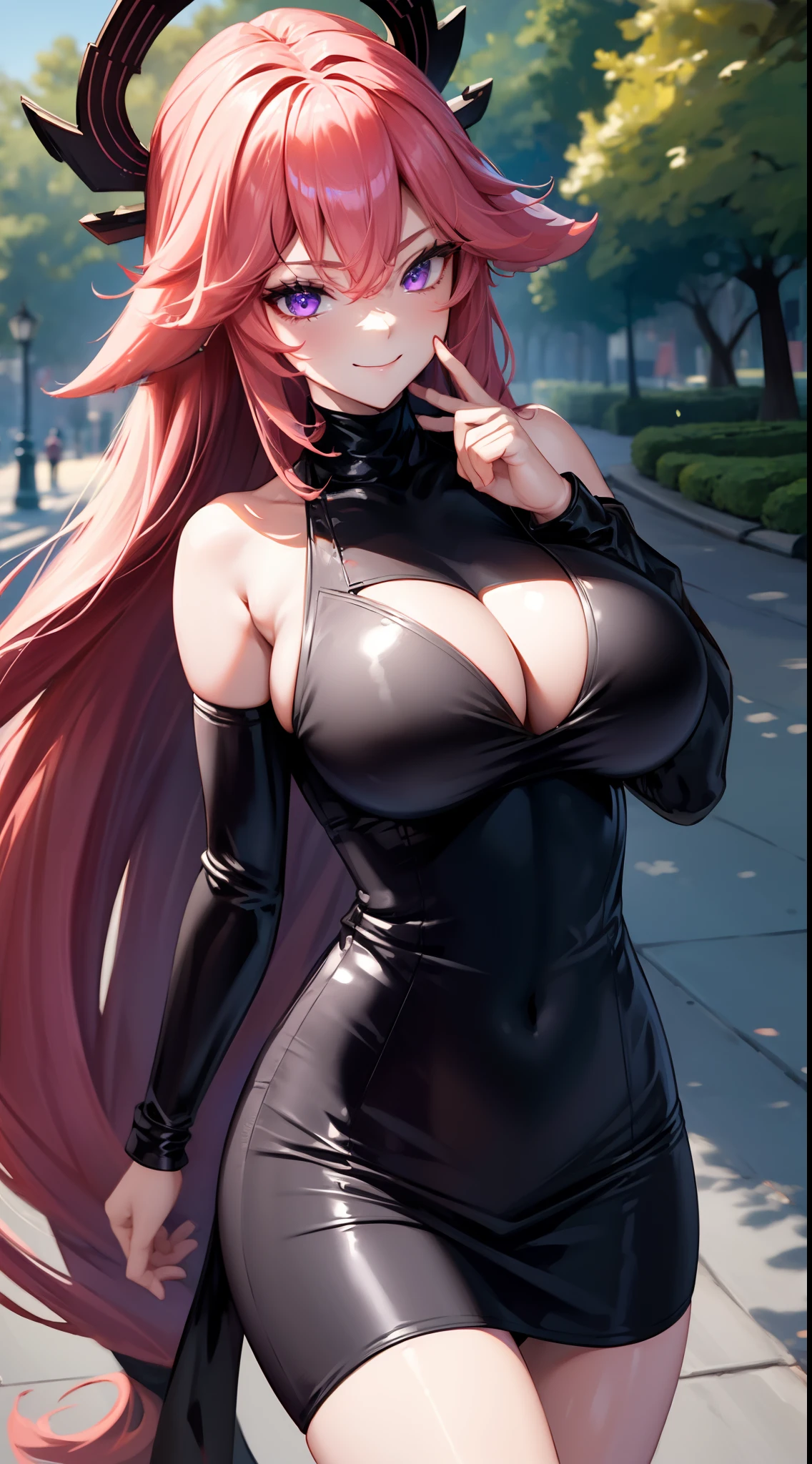 (Yaedef:1.4), 8k, highres, ultra detailed, (masterpiece:1.4), best quality, symmetrical body, (sexy tight black short leather dress with deep neckline:1.4), cute, solo, long hair, pink hair, purple eyes, glow effect, finely eye, wide smile, detailed face, looking at viewer, smilling at viewer, in the park, angled view, huge breasts