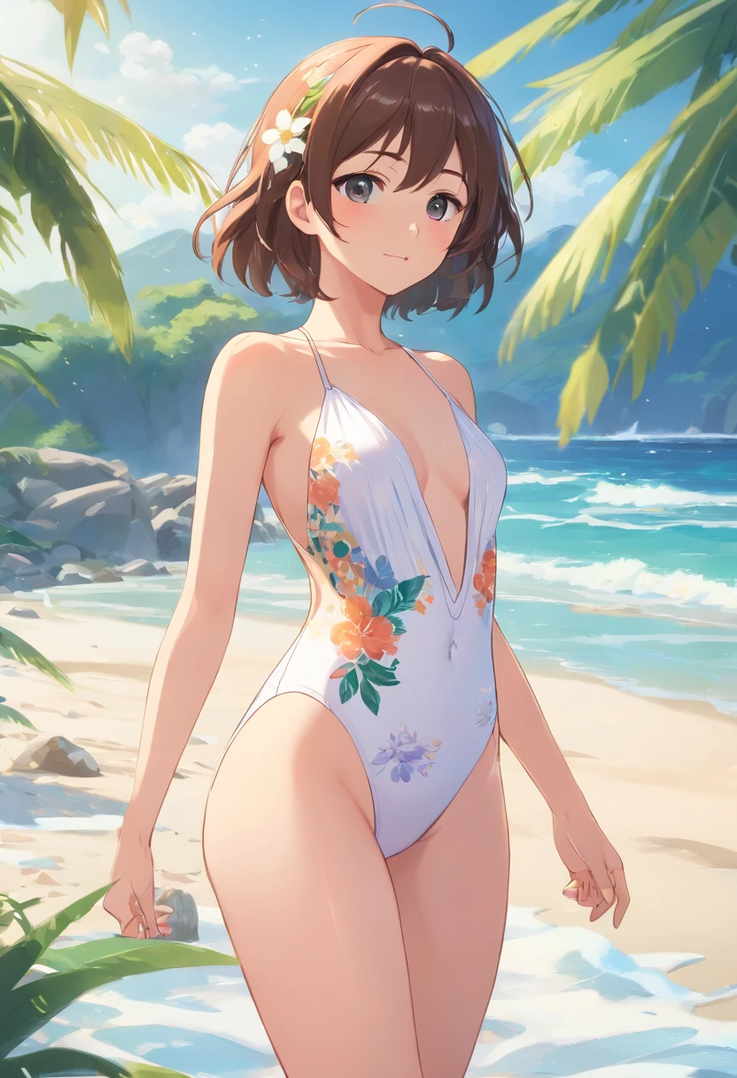 White high-leg swimsuit with thin floral pattern、legs wide open、Thighs wide open、Crotch wide open、Nasty poses、Sexual expression、Nasty look、Beautiful breasts、the beach