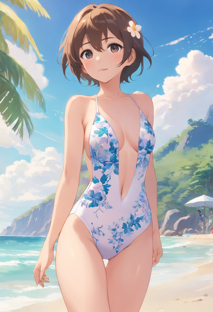 White high-leg swimsuit with thin floral pattern、legs wide open、Thighs wide open、Crotch wide open、Nasty poses、Sexual expression、Nasty look、Beautiful breasts、the beach