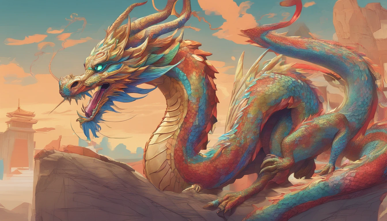 Best quality at best,tmasterpiece,超高分辨率,without humans,(The long:1.2),without humans,clouds,red eyes,banya,with her mouth open,Skysky,Fang,a Oriental Dragons,mostly cloudy sky,teeth,flight,firey,The bird,Wings