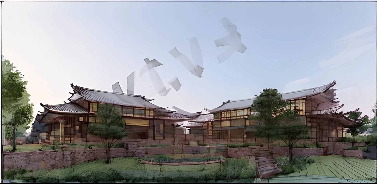 (Monochrome2.0), (original sketch2.0), (architectural sketch2.0), (colorless2.0), (sketch stroke2.0), sketch, sketch, pen_sketch_style, sketch of a traditional Chinese architectural complex. The complex consists of multiple buildings with roofs. The buildings are connected by a series of pathways and bridges. The complex is surrounded by trees, no lighting, does not draw architectural details, No details, Preliminary outline, colorless, white background