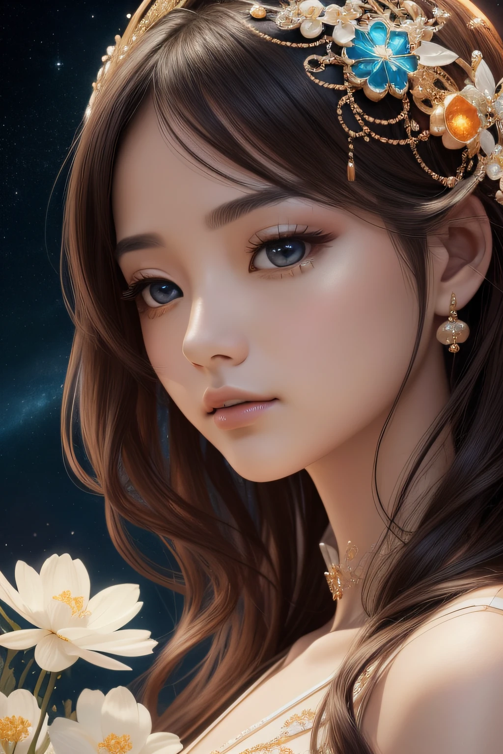 Design passionate romantic scenes、cosmos、Close-up photo of glass woman, intricate detailes、spaceships、Bursting、(dark brown eyes:1.2),(Orange and azure、Little White)、Elaborate metallic bones、Ayako Rokkaku、超A high resolution, Intricate details, Mystical、extremely delicate face,soft clean focus, Realistic lighting and shading, (an extremely delicate and beautiful art)1.3, Elegant, (Pastel colors)1.2,Dynamic Angle,