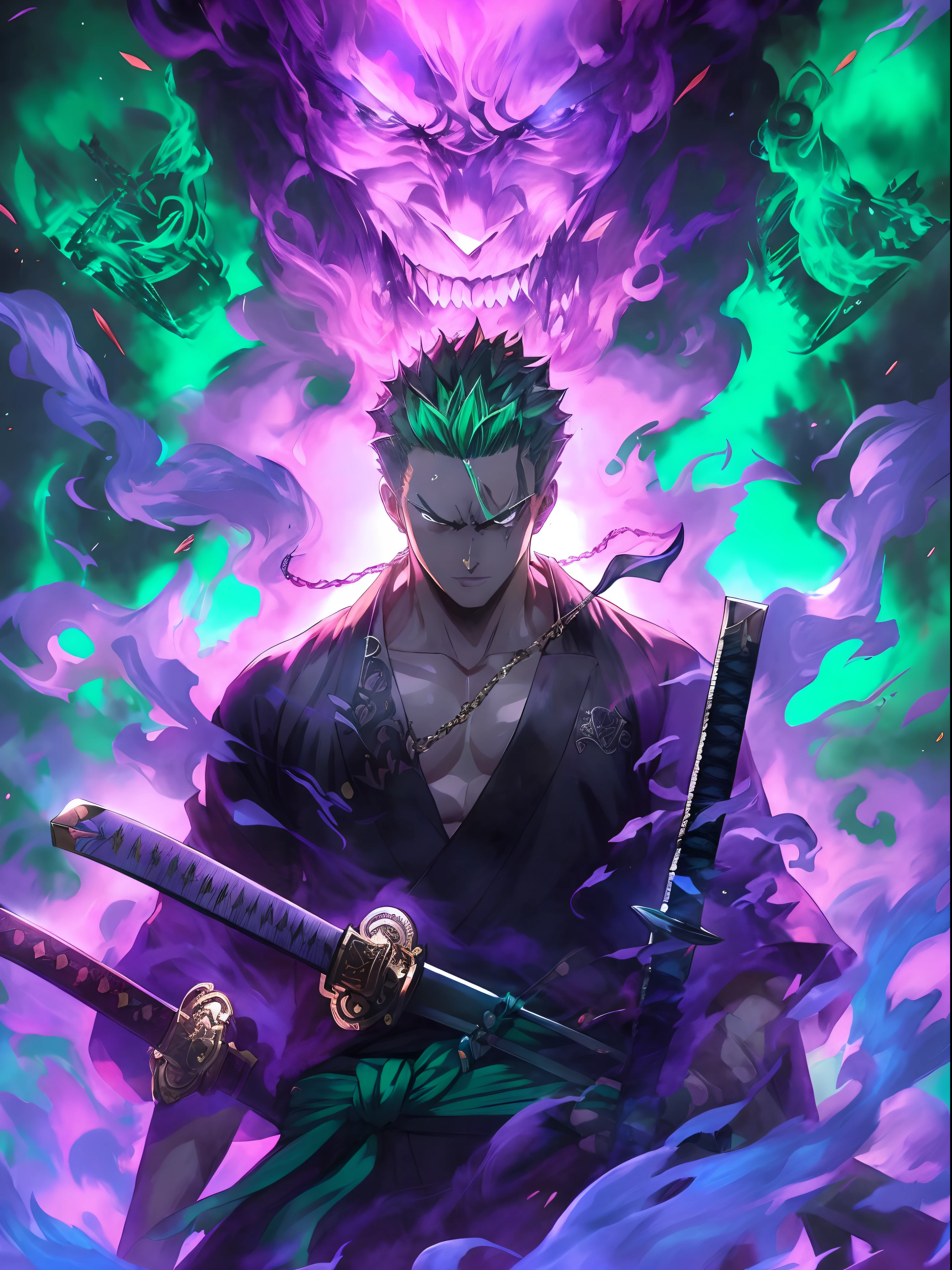 a close up of a person holding two swords in front of a demon, badass anime 8 k, roronoa zoro, handsome guy in demon slayer art, anime wallpaper 4k, anime wallpaper 4 k, 4 k manga wallpaper, anime art wallpaper 4k, anime art wallpaper 4 k, 4k anime wallpaper, anime epic artwork, anime style 4 k