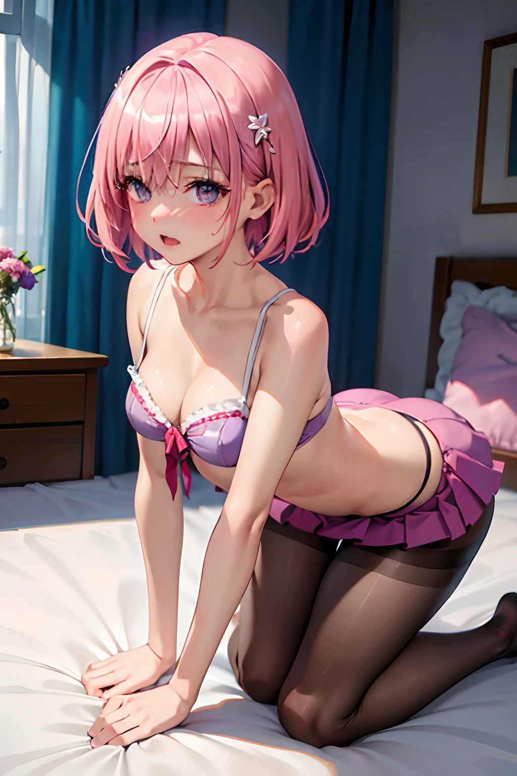 (top-quality:1.1), (masterpiece:1.4), (absurderes:1.0), portlate, a closeup,
1girl in、Momovelia Deviluk、hair adornments、bob cuts、Shorthair pink hair、a purple eye、Medium chest、Purple underwear、looking at the viewers、Bedroom、(red blush:1.2)、embarassed expression、((pantyhose))、on the beds、((all-fours))、posterior view、((a miniskirt))