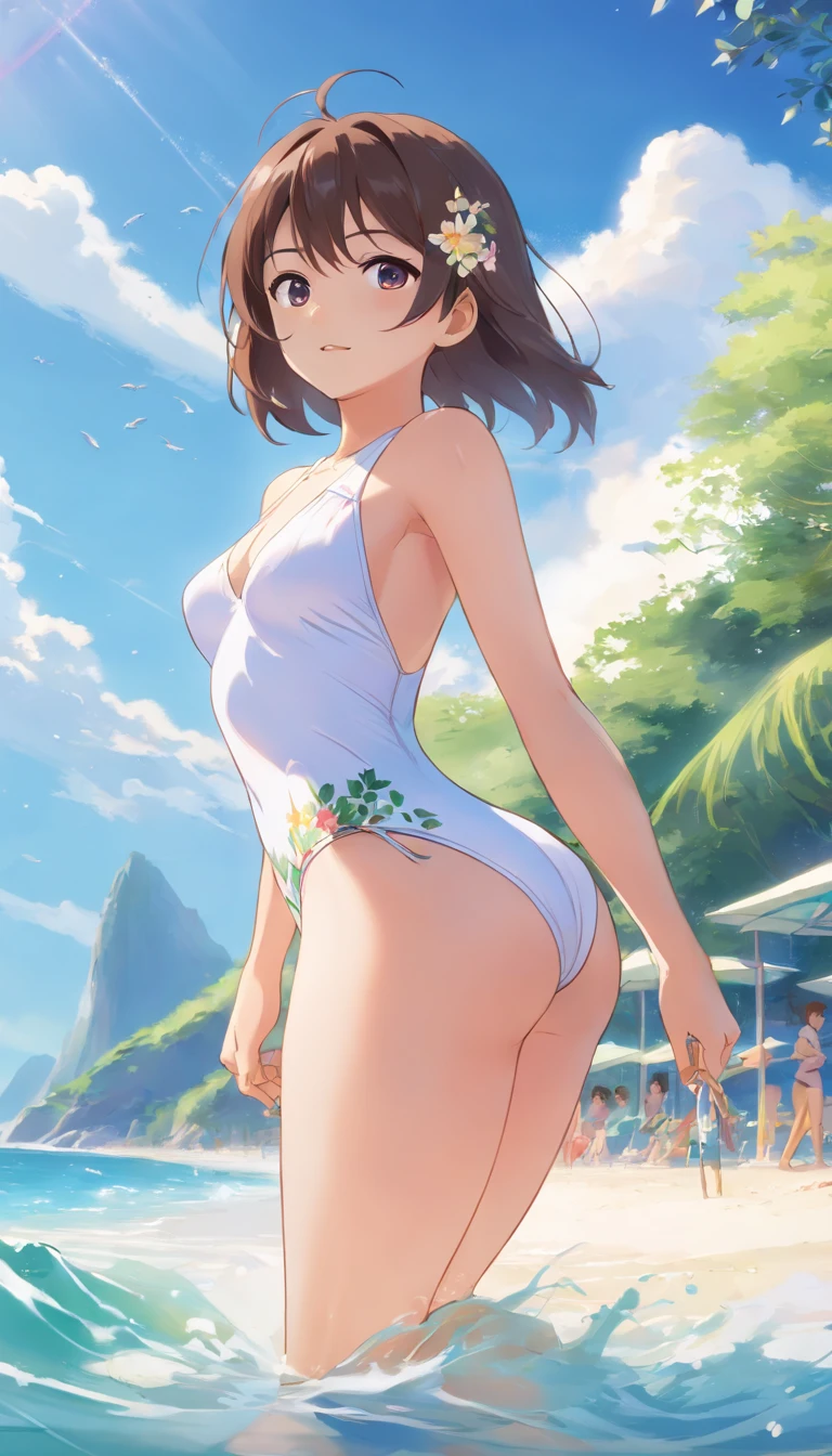 White high-leg swimsuit with thin floral pattern、legs wide open、Thighs wide open、Crotch wide open、Nasty poses、Sexual expression、Nasty look、Beautiful breasts、the beach