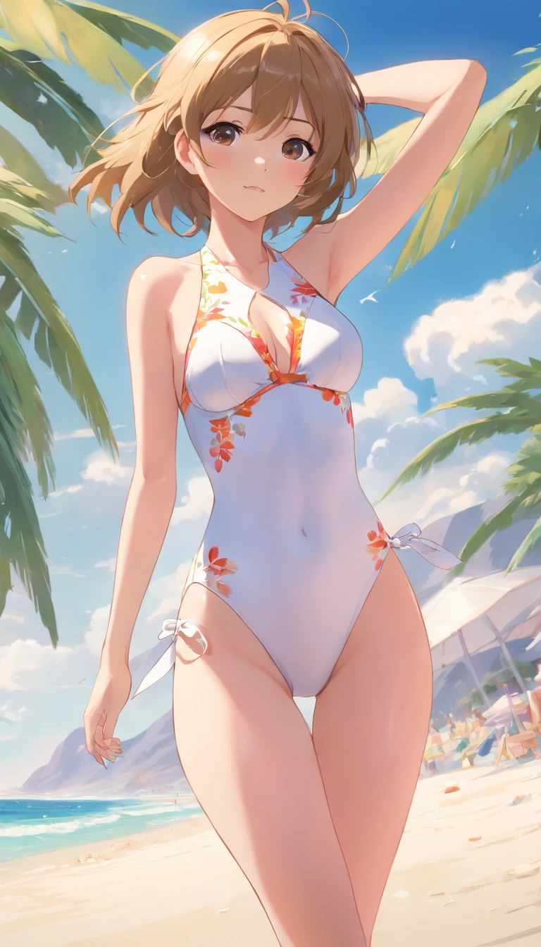 White high-leg swimsuit with thin floral pattern、legs wide open、Thighs wide open、Crotch wide open、Nasty poses、Sexual expression、Nasty look、Beautiful breasts、the beach