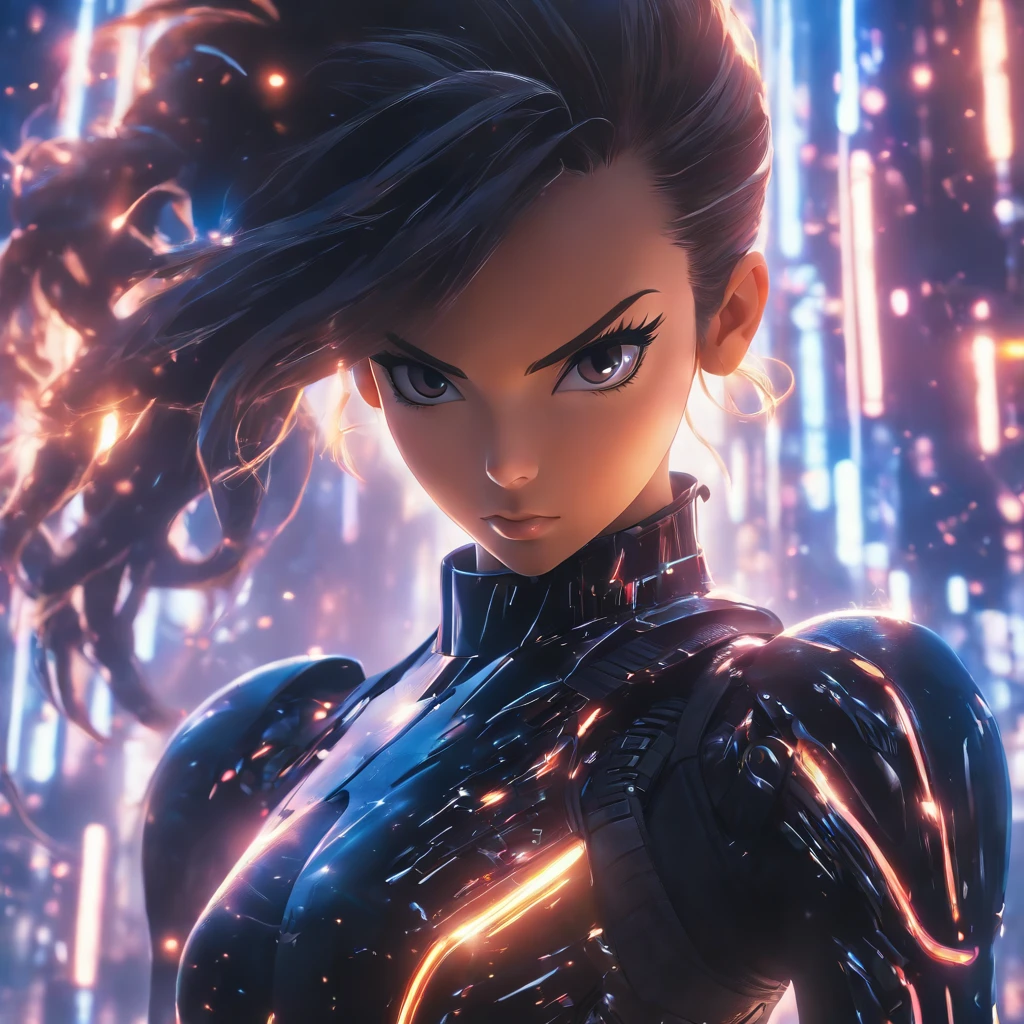 Realistic, unreal engine, beautiful woman with brunette ponytail hair wearing black reflective coating futuristic armor, matrix background, half-body shot, anamorphic lens flare effect