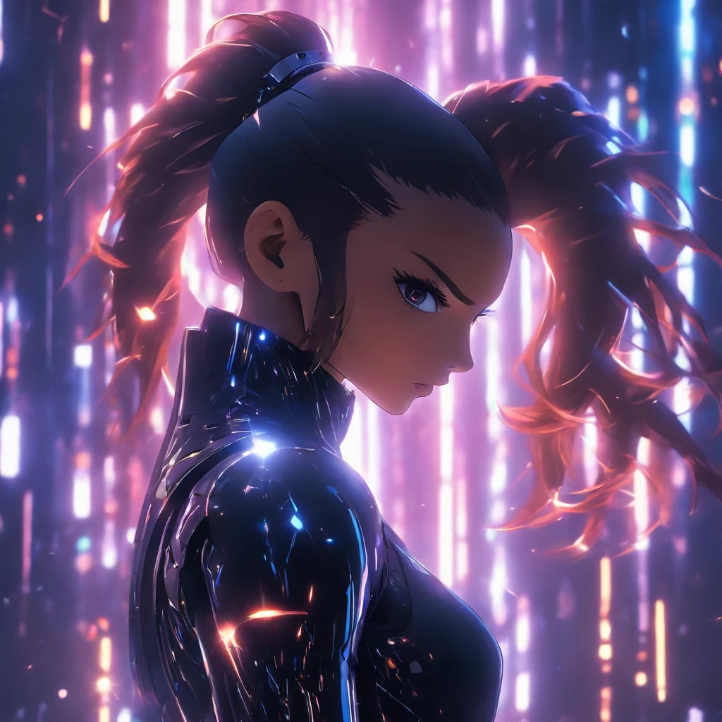 Realistic, unreal engine, beautiful woman with brunette ponytail hair wearing black reflective coating futuristic armor, matrix background, half-body shot, anamorphic lens flare effect