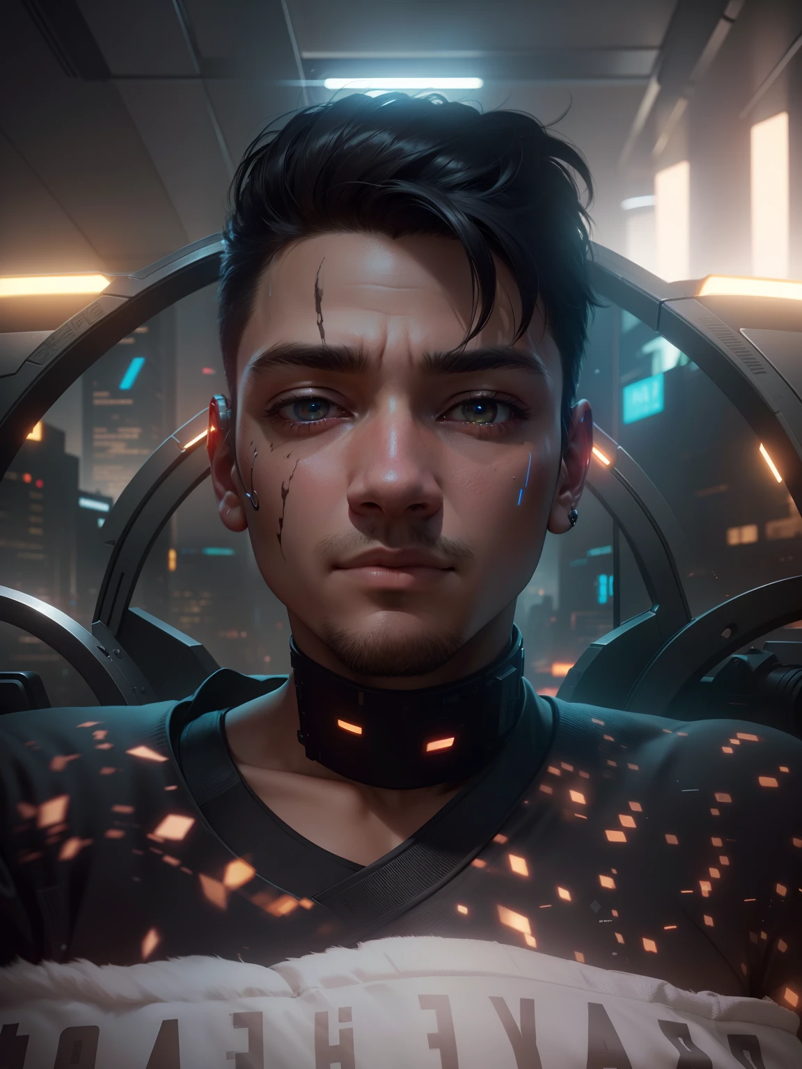Anime boy sitting on grass,solar system background,mecha,scifi,ultra hd,4k quality, cyberpunk