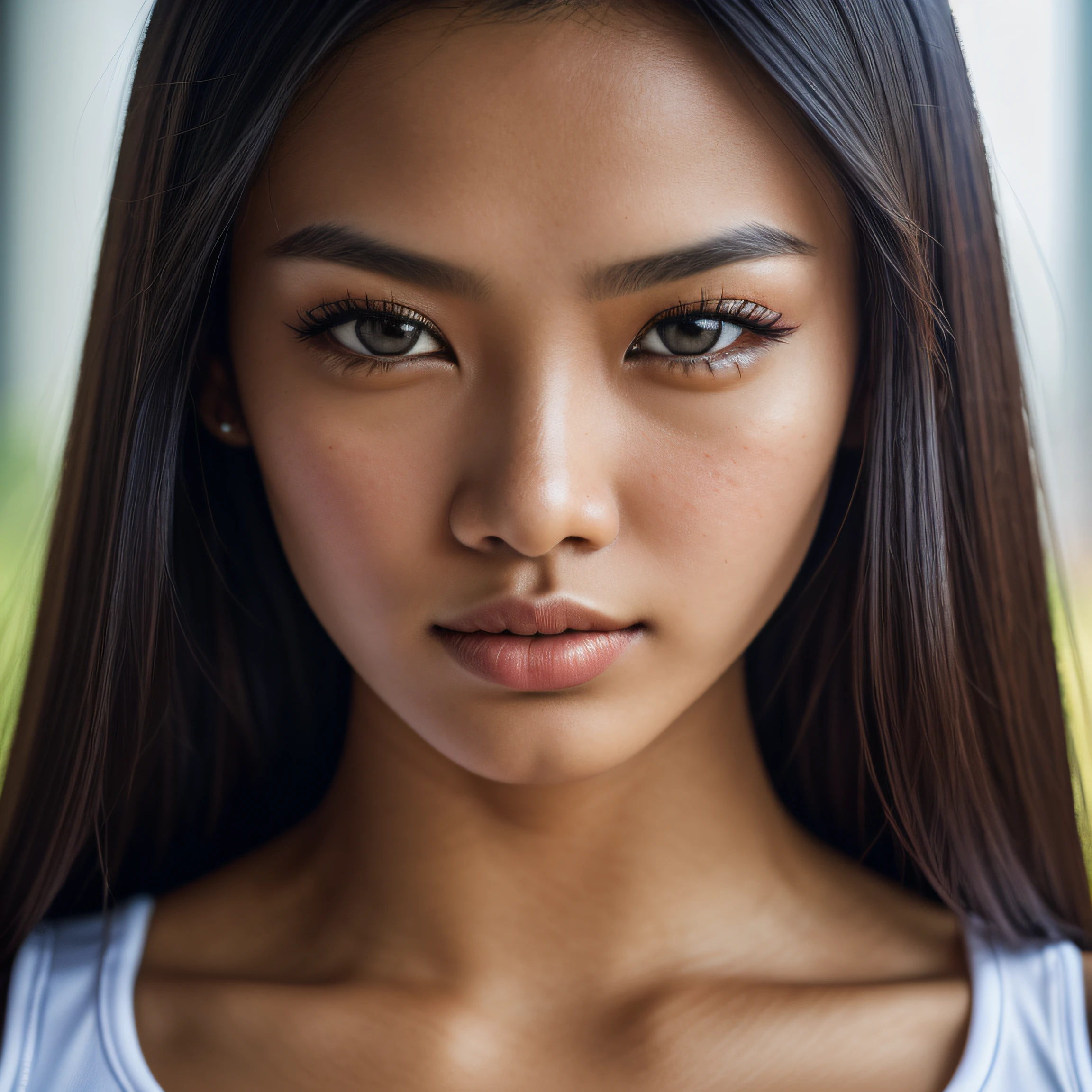 Masterpiece, (((extreme close-up to the face))), ((1 girl solo)), (one beautiful (Indonesian: 0.8)-(Spanish: 0.2) girl (looking at camera)), [Risyana Devita], 20 years old, breathtaking beauty, natural beauty, perfect face, beautiful brown eyes, detailed eyes, soft lips, (long raven-black hair: 1.5), (tall figure:1.5), (athletic body), wearing a sexy (red short sports wear), ((small breasts: 0.5)), cleavage, ((small and beautiful hard nipple)), pearl skin, (skin pores:1.2), extremely detailed face and skin texture, (skin texture:1.1), beautiful long legs, standing pose, extremely detailed and realistic red clothes, sharp focus, cinematic lighting, 8k uhd, best quality, ultra high res, Prefessional Photography, RAW photo, (depth of field), dynamic composition, rich colors, lifelike texture,