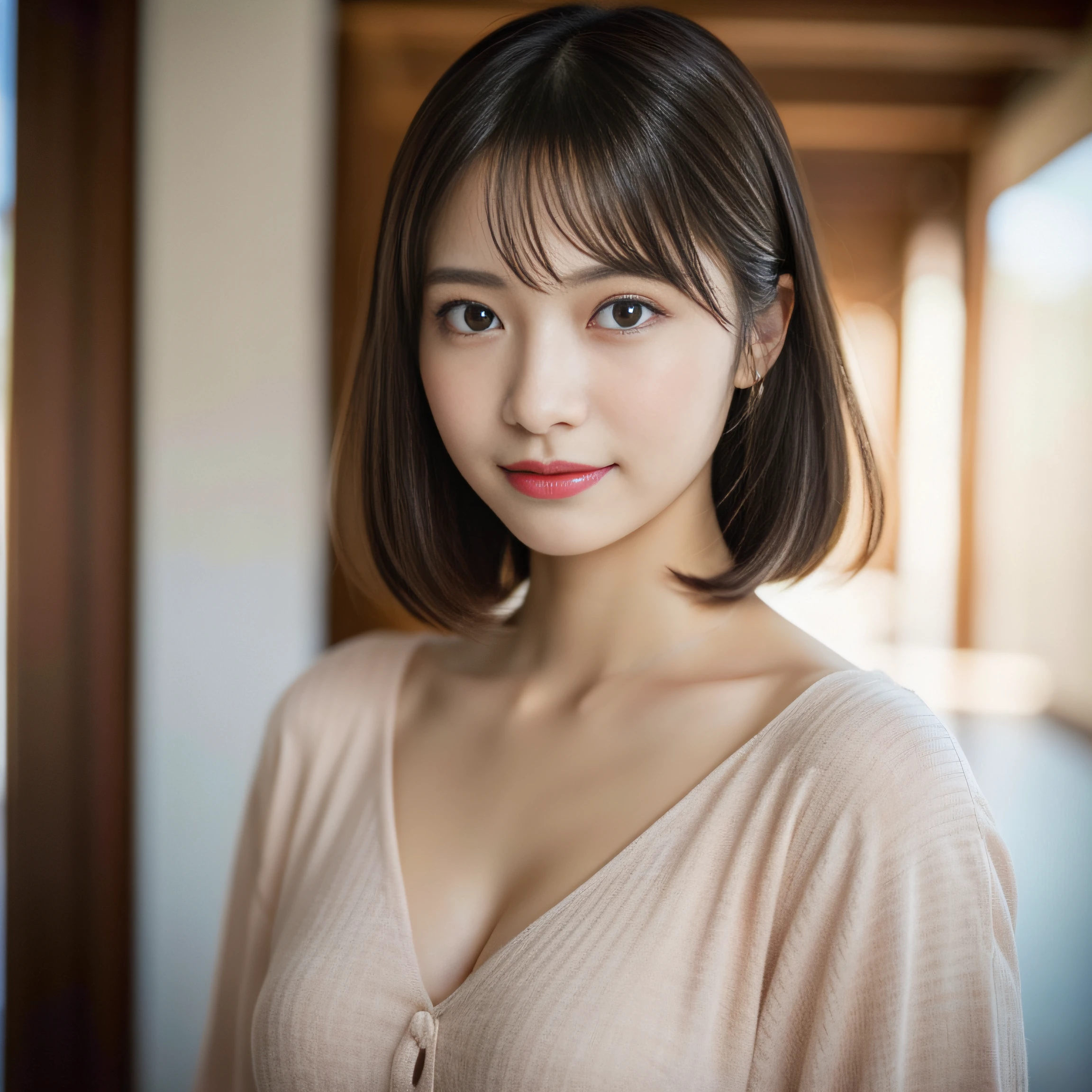 (8K、Raw photography、top-quality、masuter piece:1.2)、ultra-detailliert、ultra res、(realisitic、rialistic photo:1.37)、portlate、high-definition RAW color photography、Professional Photography、highly detailed and beautiful、ighly detailed、8K Picture Wallpaper、amazing detailed、huge filesize、Official art、Highly detailed CG Unity 8K wallpapers、highly detailed beautiful girl、extra detailed face、extremely detailed eye、highlydetailed skin、extremely detailed fingers、highly detailed nose、very detailed detailed mouth、Perfect Anatomy、细致背景、Detailed clothing、女の子1人、(20:1.2)、in her 20s、Cute little girl s、Realistic body、小柄、de pele branca、glistning skin、Slim body、Handsome body、A dark-haired、short-hair、(bluntbangs: 1.2)、A smile、kawaii、nogizaka、kawaii faces、Lifelike face、Delicate eyes、Sauce order、see -through、耳Nipple Ring、Looking at the camera、cowboy  shot、front facing、standing athletic pose、Contrapo、动态照明、ultra gigantic tits、cowboy  shot、The upper part of the body:1.2、Gravure Pose、beauty legs