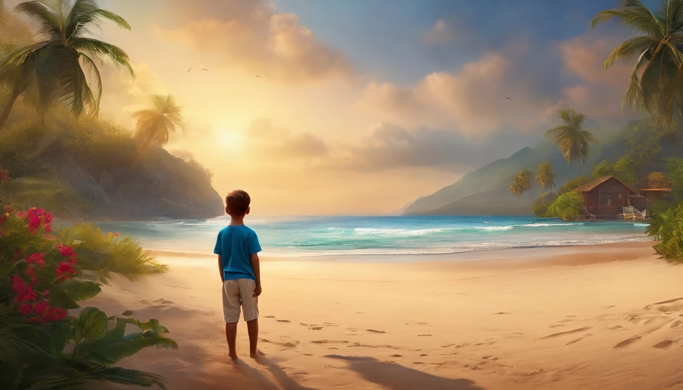 a boy looking arround drty beach