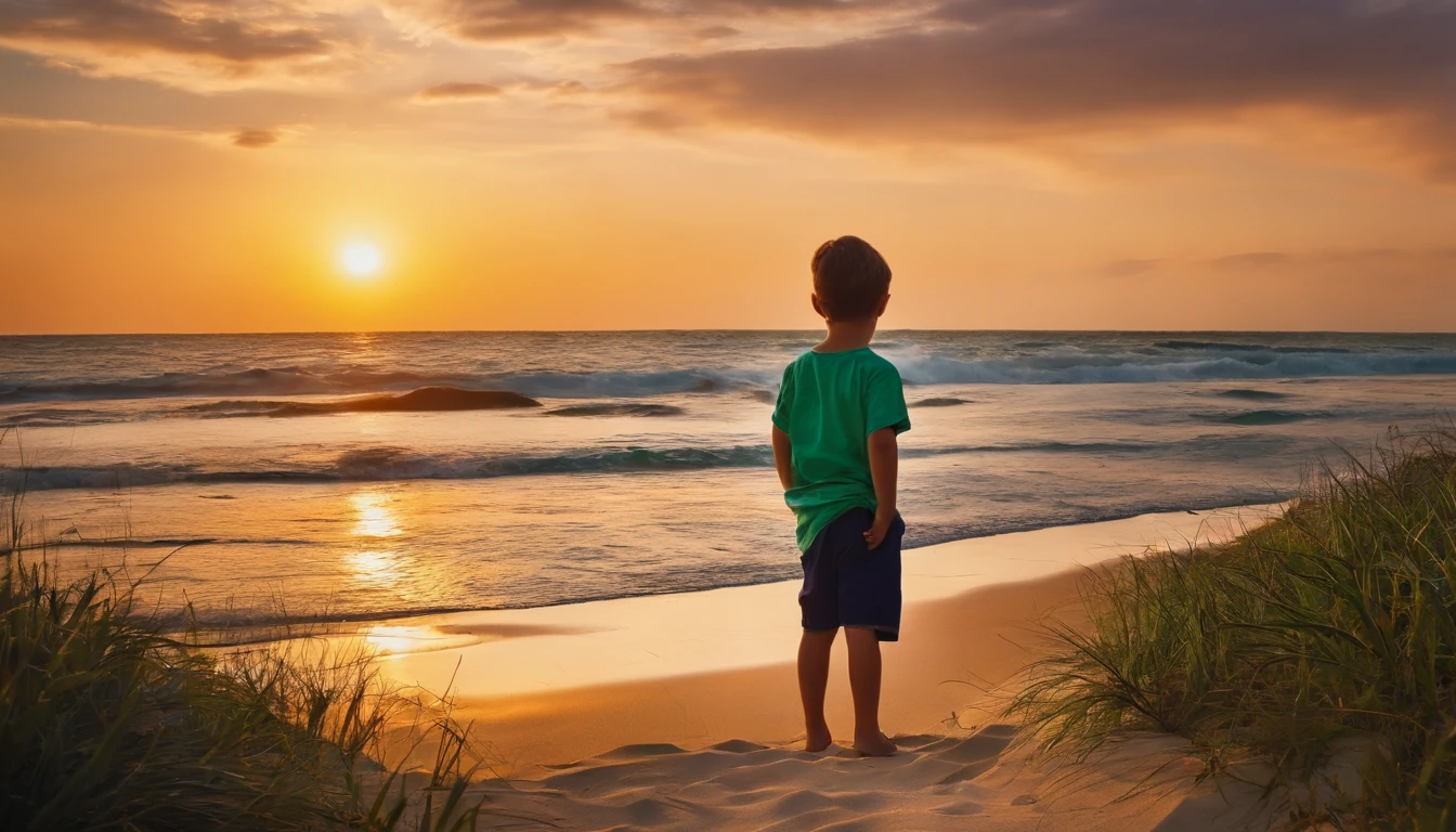 a boy looking arround drty beach