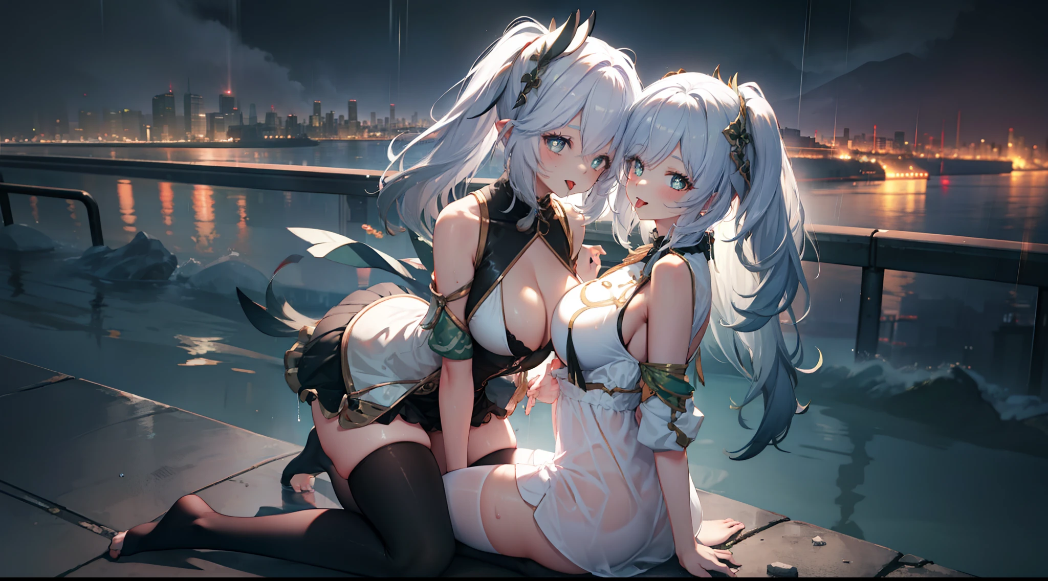 2 girls,tongue kissing,Breast-to-breast contact,heavy rain,Under water,grabbing the breasts,Nice high ponytail hairstyle, buliding, (Cityscape:1.7), deep in the night,Masterpiece, Best quality,Bare shoulders, white thighhighs, Hair ribbon, Large breasts,black long socks