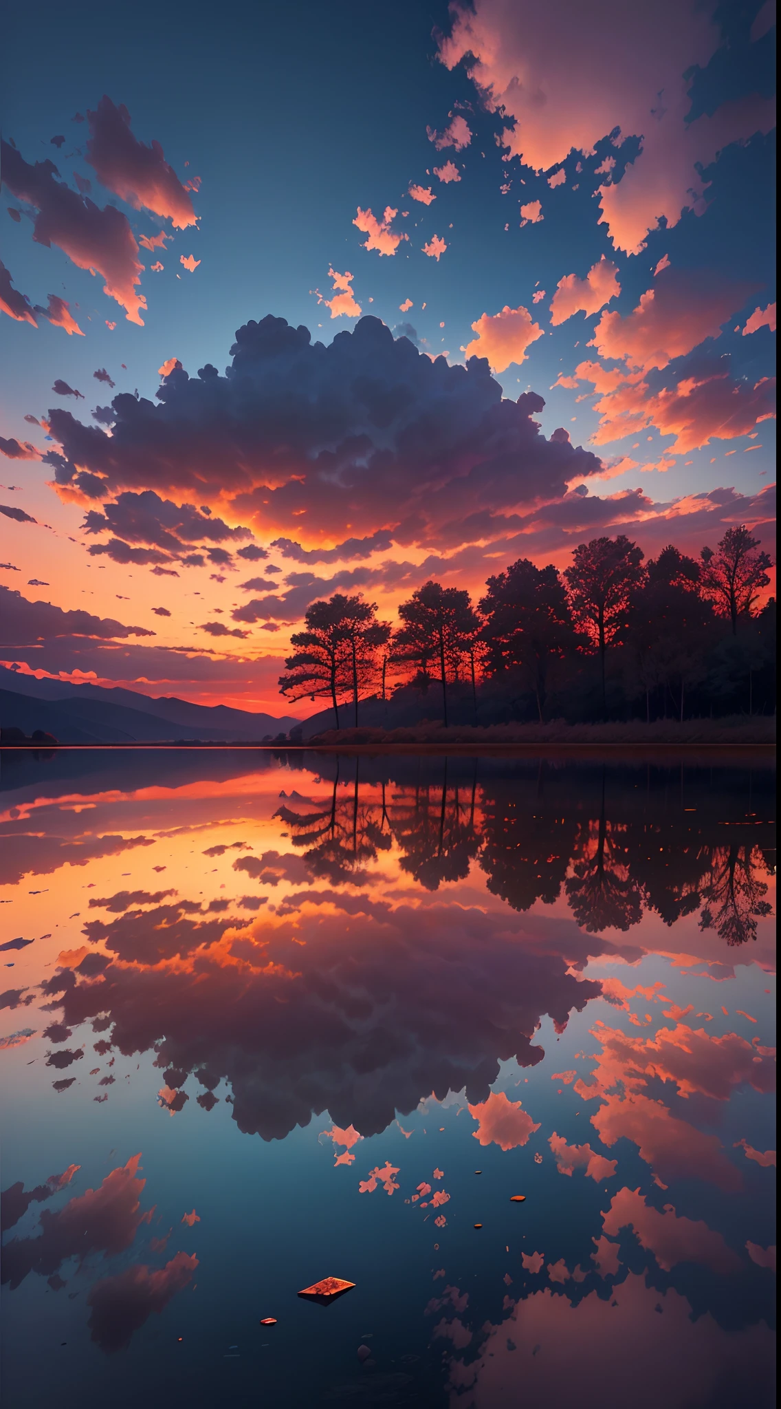 there is a beautiful sunset with a lake and trees in the background, colorful skies, surreal colors, colorful sunset, colorful sky, marvellous reflection of the sky, stunning sky, dream like atmosphere 8k, colorful clouds, colors reflecting on lake, surreal sky, red and blue reflections, fire reflection, beautiful sky, beautiful and spectacular dusk, beautiful dreamy landscape, amazing sky