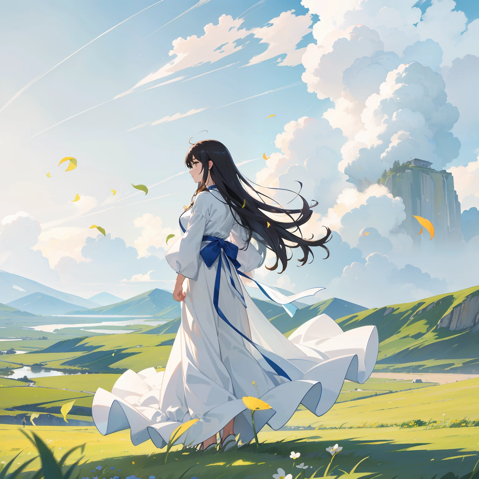 grass field、Girl Standing Alone、posterior view、Girl with long hair、profile、A slightly sad look、Girl in a white dress、gazing into distance、Evening glow、Wide sky、Akane's Sky、Flowing clouds、windy appearance、Leaves fluttering in the steppe、high-level image quality、8k、Light shines in、early evening、evening glow、