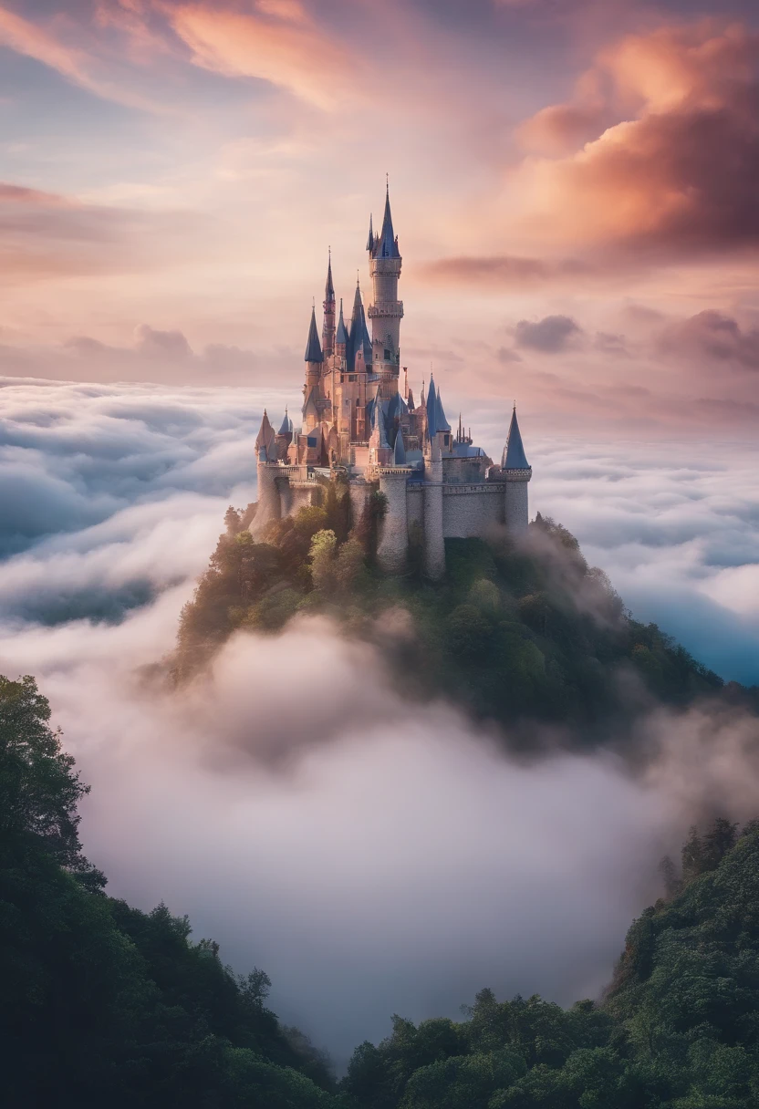 The castle floats high above the clouds in the sky, Multi-colored candy cloud, In Wonderland, dreamy and romantic, dreamy atmosphere and drama, very magical and dreamy, dreamy scenes, on cloud, Heaven, In a wonderland in the clouds, magical dream-like atmosphere, Dreamy and ethereal, still from a music video