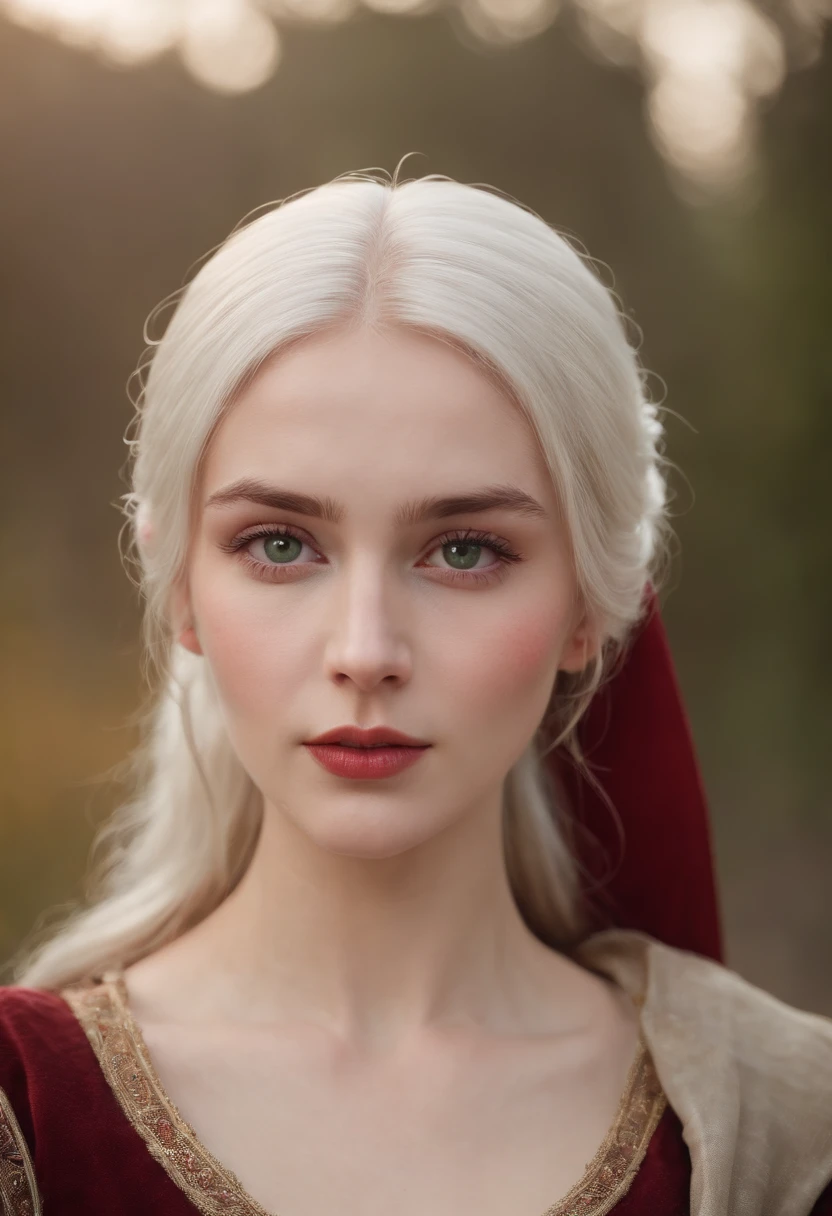 (((a deep reddish wound crosses her left cheek))) fair complexion, woman around 19 years old, natural white hair, distinctive green eyes, wearing kohl, slender and graceful, beautiful, candlelight in a medieval setting, ultra sharp focus, realistic shot, medieval female clothes, tetradic colors (scar:1.4)