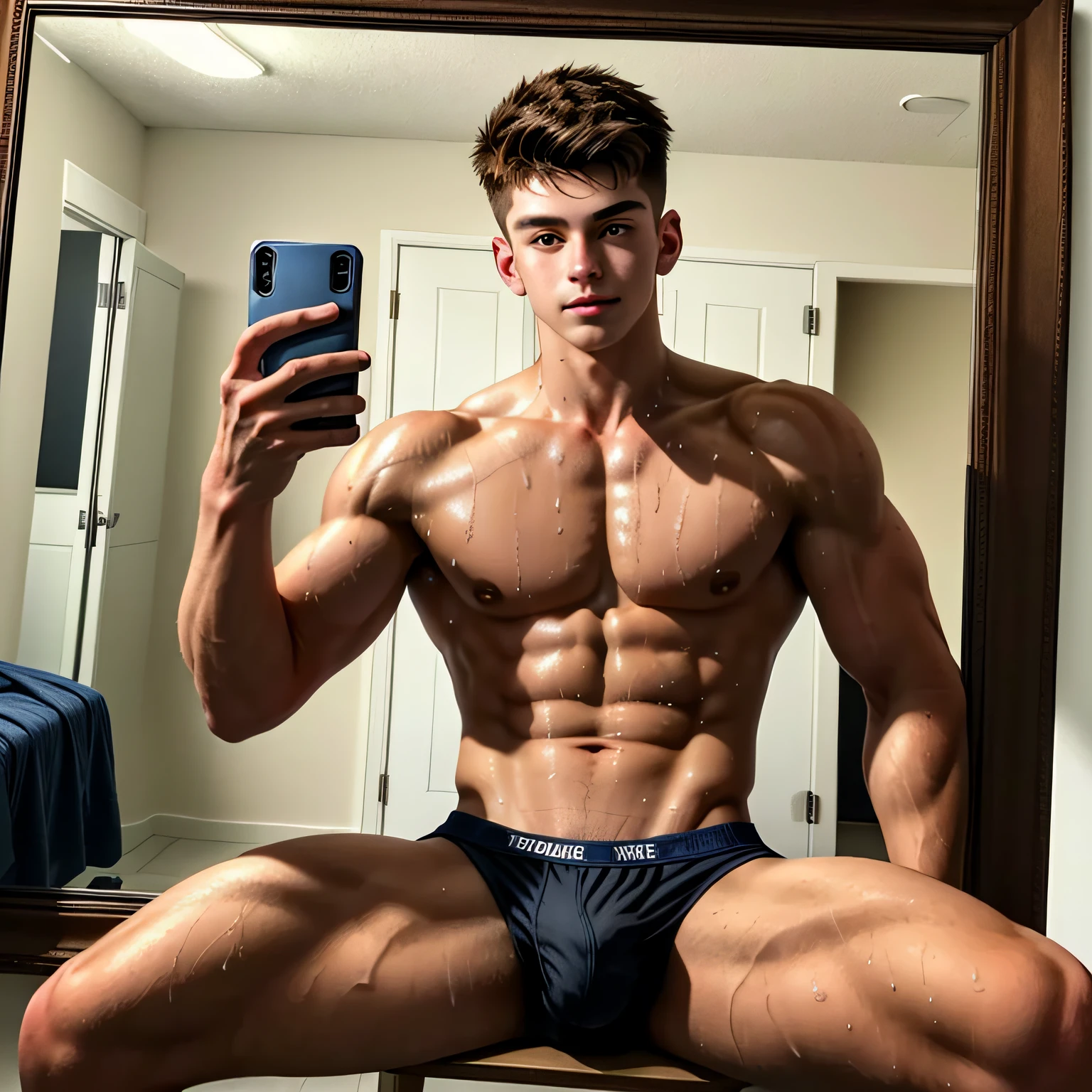 masterpiece, best quality, ultra detailed, realistic, sfw, 1boy, an attractive 18 years old fit caucasian boy sitting in front of a mirror taking selfie, flexing pose, ((sweat)), shirtless, wearing tight jockstrap, big bulge, vpl, smug, full body shot,