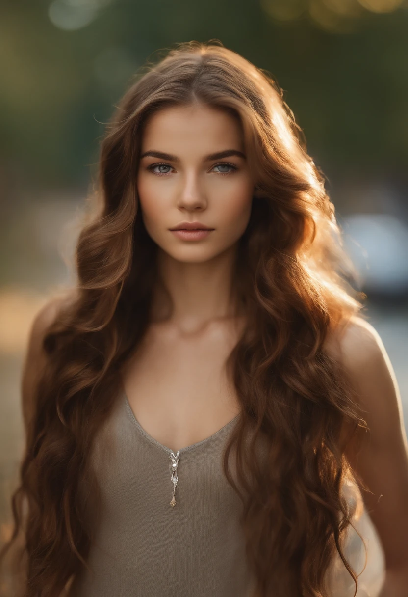 medium complexion , brown breast length hair , ager , long eyelashes , light freckles , revealing top , round face