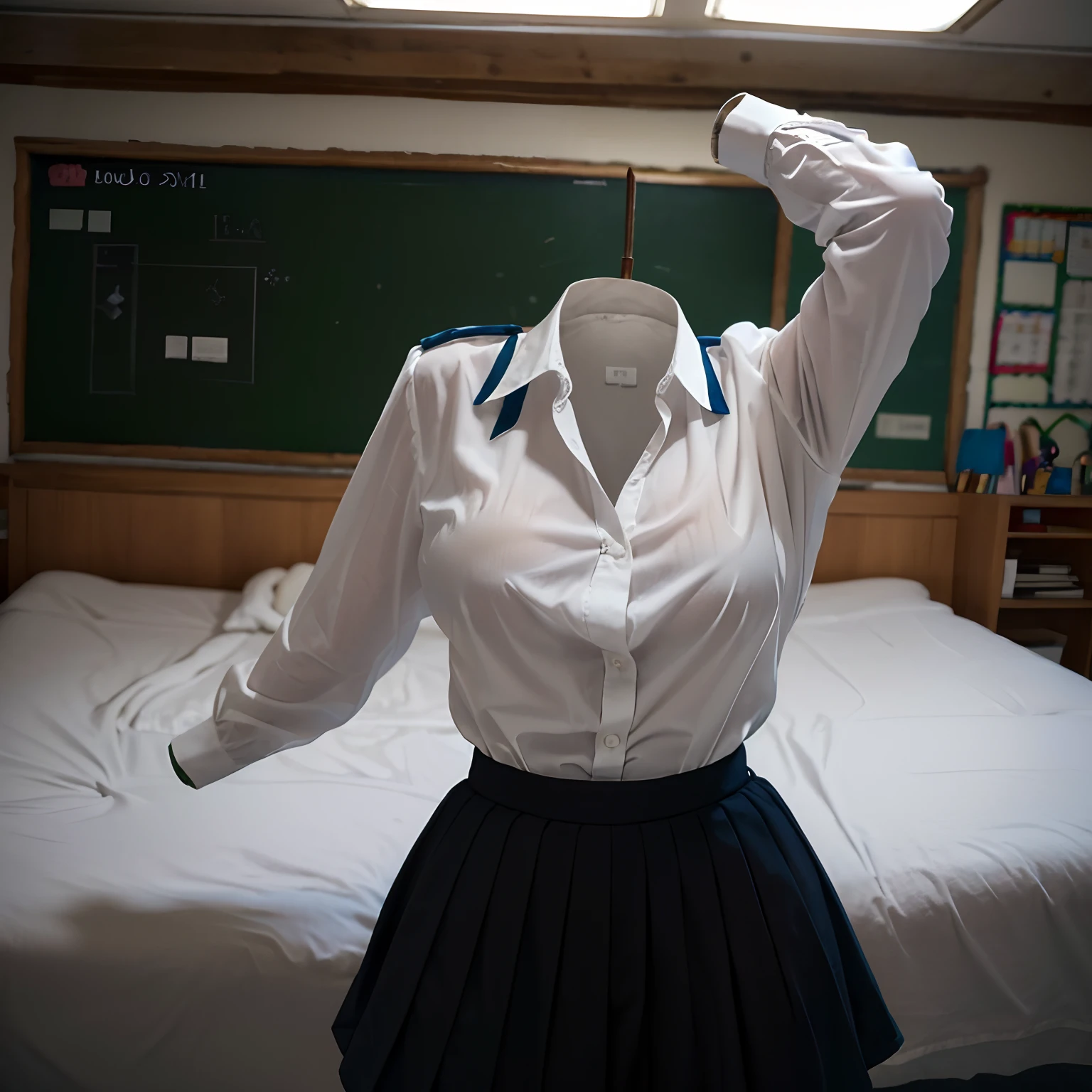 (girls' school blouse:1.7) , (school blouse swells as if worn by invisible girl:1.7),((invisible, no humans:1.7, headless:1.7, handless, legless)), (big breasts:1.9),(on bed),(arms up),
(8k, RAW photo, best quality, masterpiece:1.2), (realistic, photo-realistic:1.37),photon mapping, radiosity, ((Hasselblad photography)),physically-based rendering,