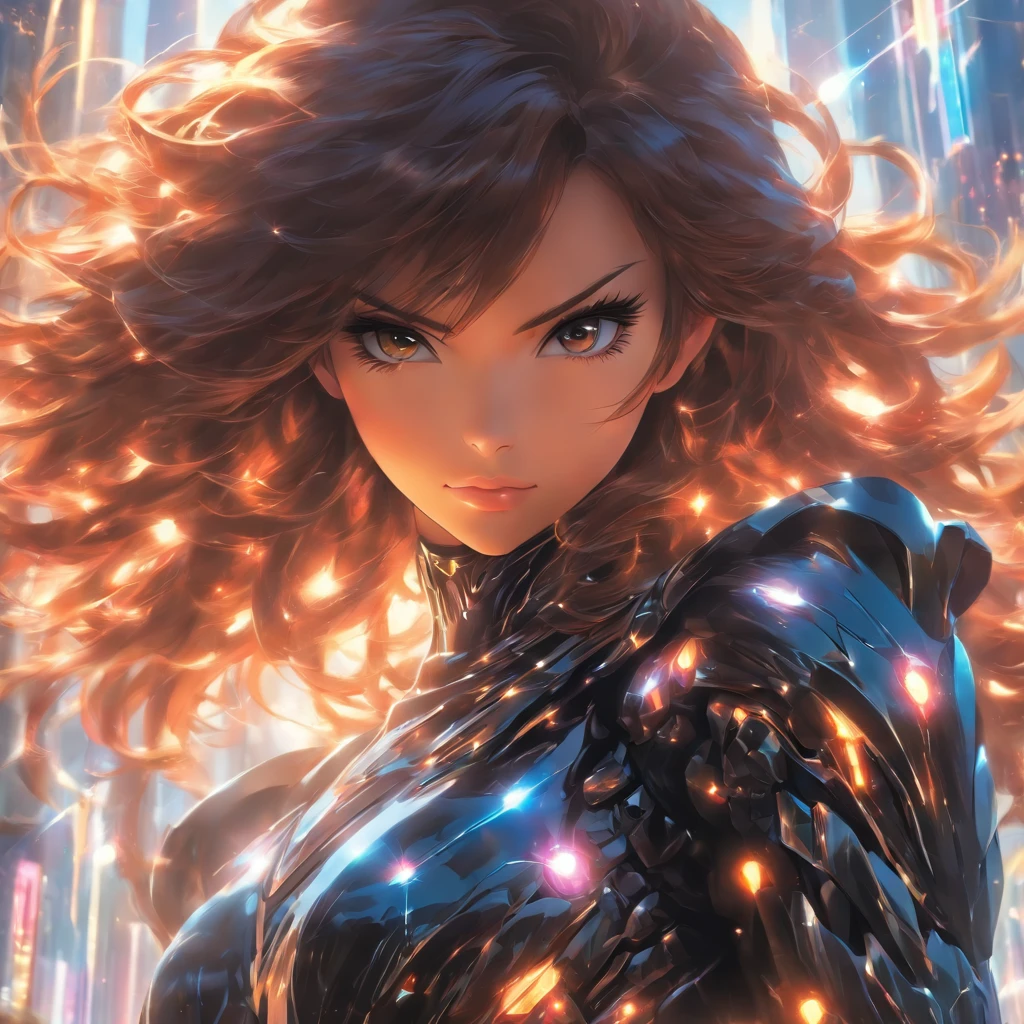 Realistic, beautiful woman with brunette hair wearing black reflective coating futuristic armor, daytime, full shot, anamorphic lens flare effect