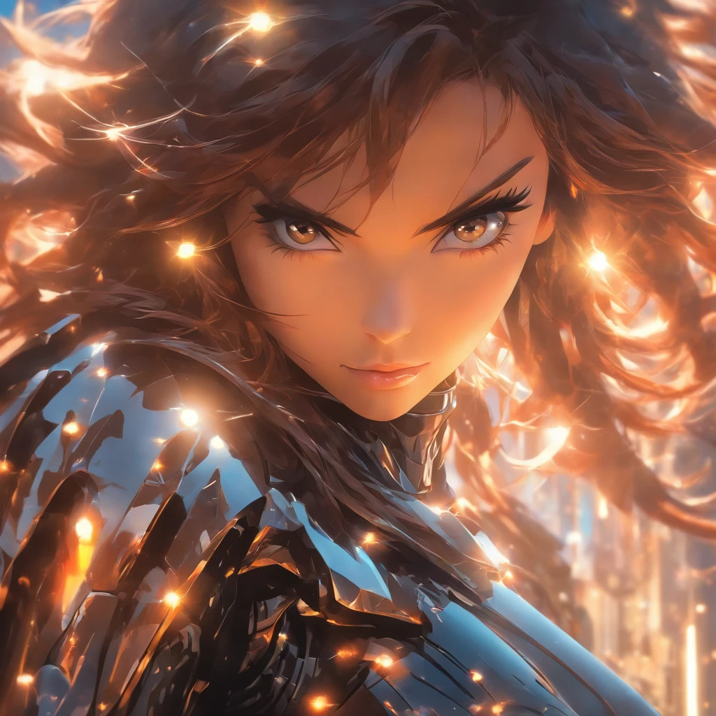 Realistic, beautiful woman with brunette hair wearing black reflective coating futuristic armor, daytime, full shot, anamorphic lens flare effect