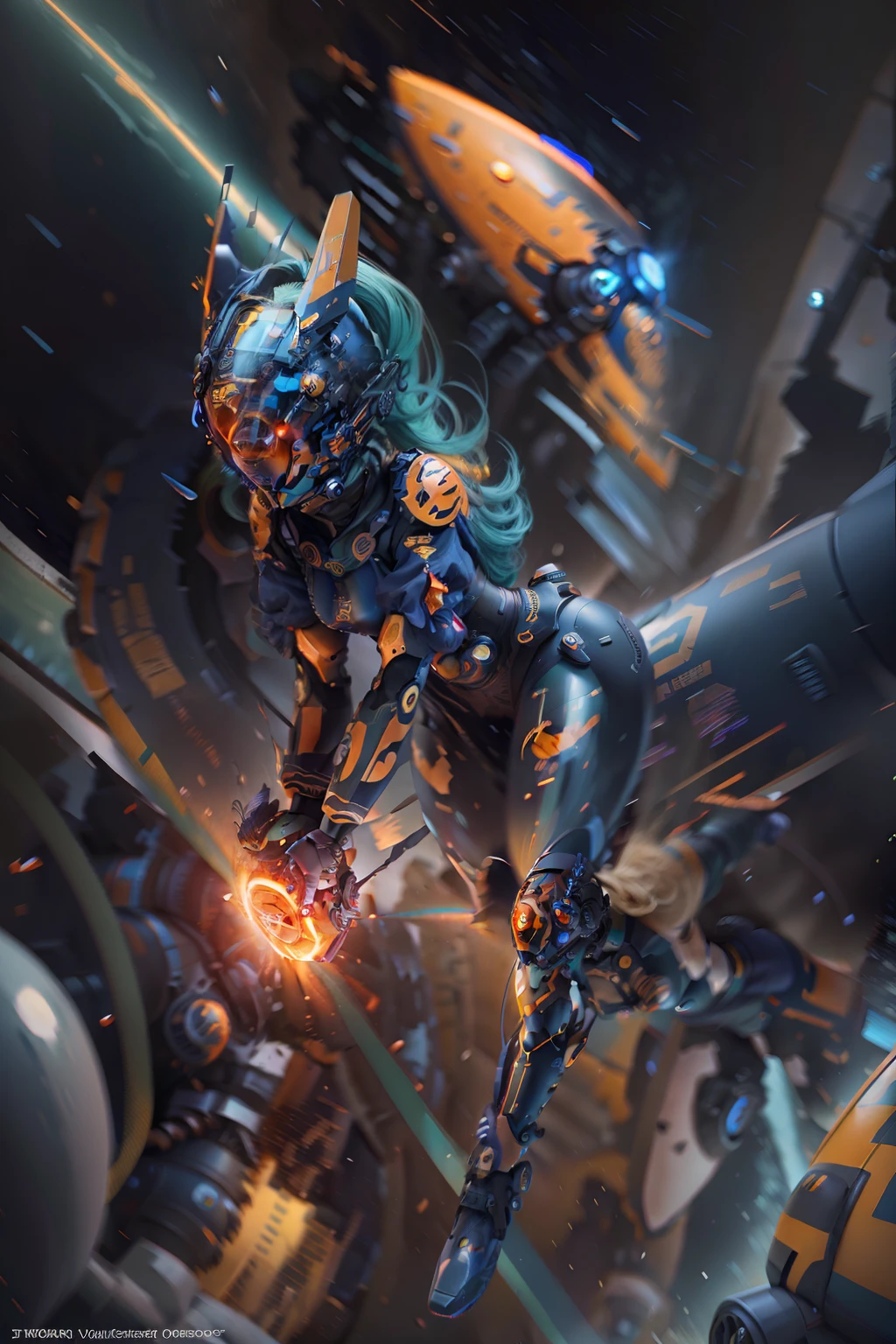 Funny dark blue space mechanical yong girl, wearing an orange helmet, and a space bee with green hair, exaggerated laughter, flying on a six-wheel mechanism of a strange vintage design. Cartoon style. 3D rendering. super-realistic, cinematic, close-up, center composition, pure black-blue-red space background, best quality, 4K, facial details