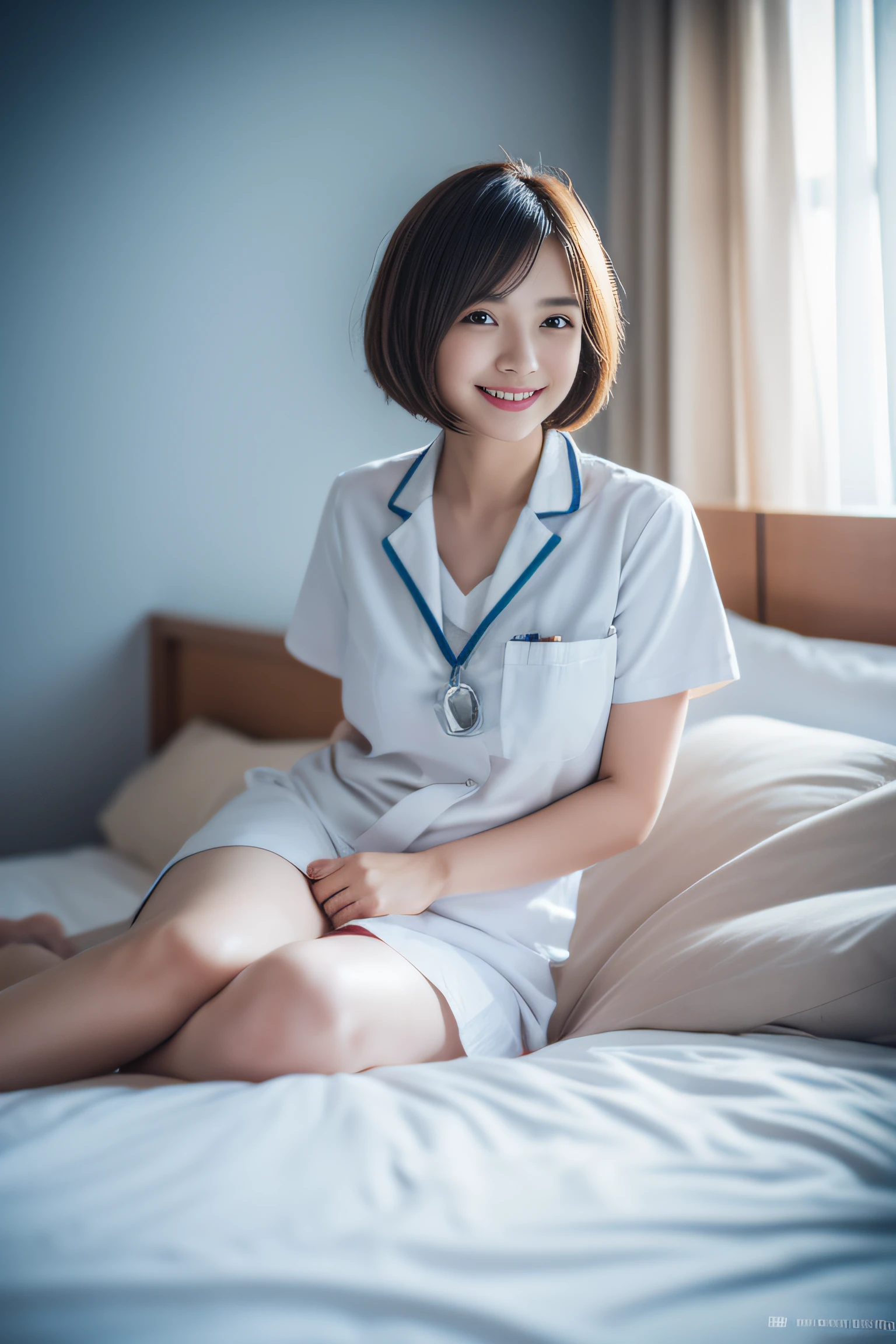 1. Slender girl, 1 male patient lying in bed、flat-chest, white nurse uniforms, bangss, full body Esbian、thighs thighs thighs thighs、Spanning male patients, A smile, A staff, Cinematographic lighting, (8K, masterpiece, Top image quality, Raw photo), action
