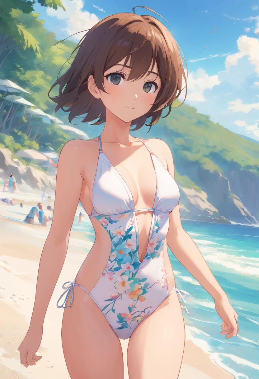 White high-leg swimsuit with thin floral pattern、legs wide open、Thighs wide open、Crotch wide open、Nasty poses、Sexual expression、Nasty look、Beautiful breasts、the beach