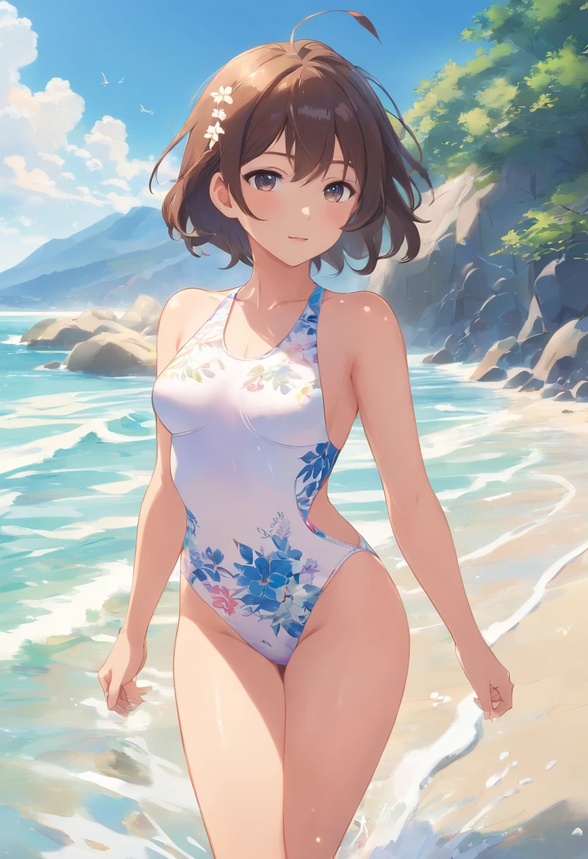 White high-leg swimsuit with thin floral pattern、legs wide open、Thighs wide open、Crotch wide open、Nasty poses、Sexual expression、Nasty look、Beautiful breasts、the beach