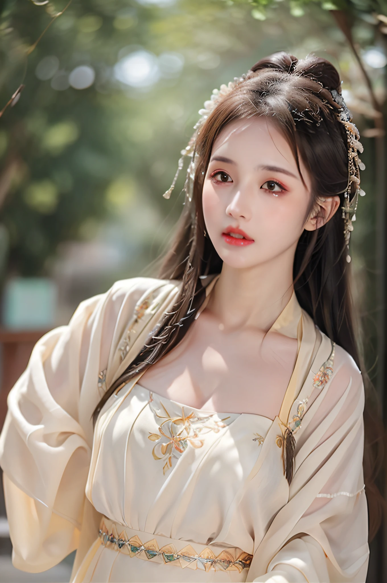 ((Best Quality, 8k, Masterpiece: 1.3)), Focus: 1.2, Perfect Body Beauty: 1.4, Buttocks: 1.2, ((Layered Haircut)), (Wet Clothes: 1.1), (Rain, Street:1.3), (Breasts: 1.2), (Hanfu: 1.2), Bare Shoulders, Bare Legs, Highly Detailed Face and Skin Texture, Fine Eyes, Double Eyelids, Whitened Skin, Long Hair, (Shut Up: 1.5), (Bokeh Background: 1.5), Big Breasts