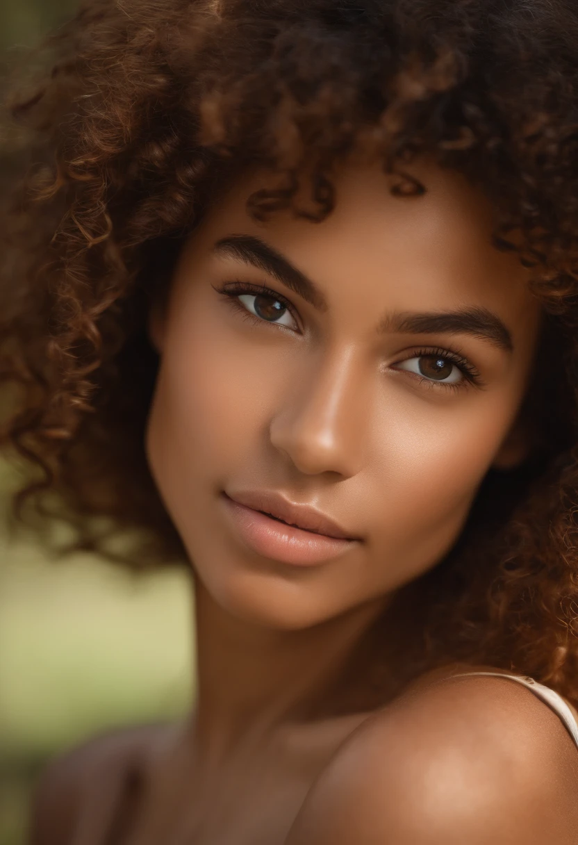 medium complexion , brown breast length curly hair , ager , long eyelashes , light freckles , big breasts , round face