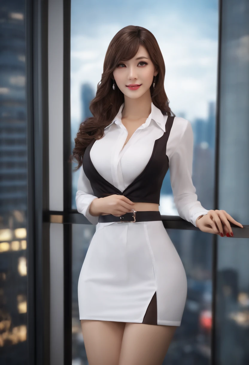 ((Best Quality, 8K, masutepiece :1.3)), Whole body, Sharp Focus :1.2, A pretty woman with perfect figure :1.4, Slender Abs :1.2, ((dark brown hair, Big breasts :1.2)), Body dress :1.1, (Night City View, Modern balcony :1.1), Highly detailed face and skin texture, Detailed eyes, 二重まぶた, Small bust, OL Uniform, Office wear, White shirt, Exposed cleavage, (Black pantyhose), (), Interior Scene, Office、Sauce order、a smile、a picture、Hollow eyes